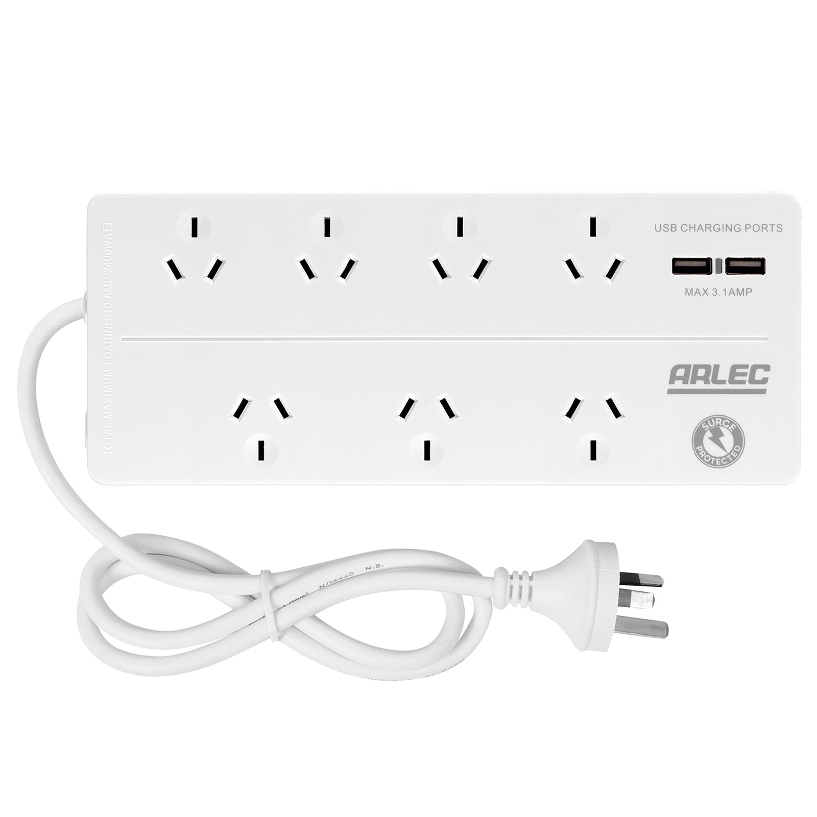 Arlec 7-Outlet Surge Powerboard With USB Charger β multi socket powerboard with USB charging and surge protection