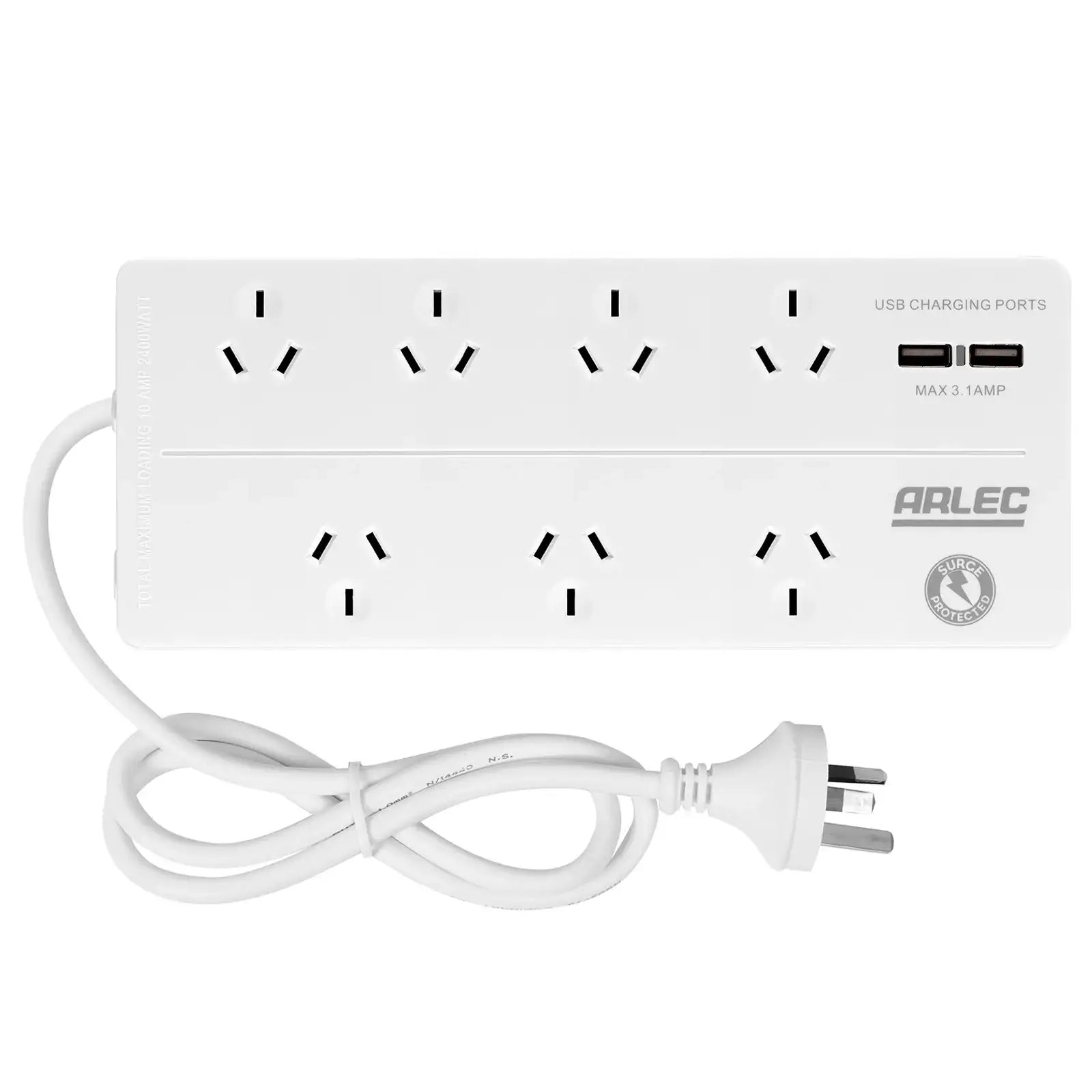 Arlec 7-Outlet Surge Powerboard With USB Charger – multi socket powerboard with USB charging and surge protection