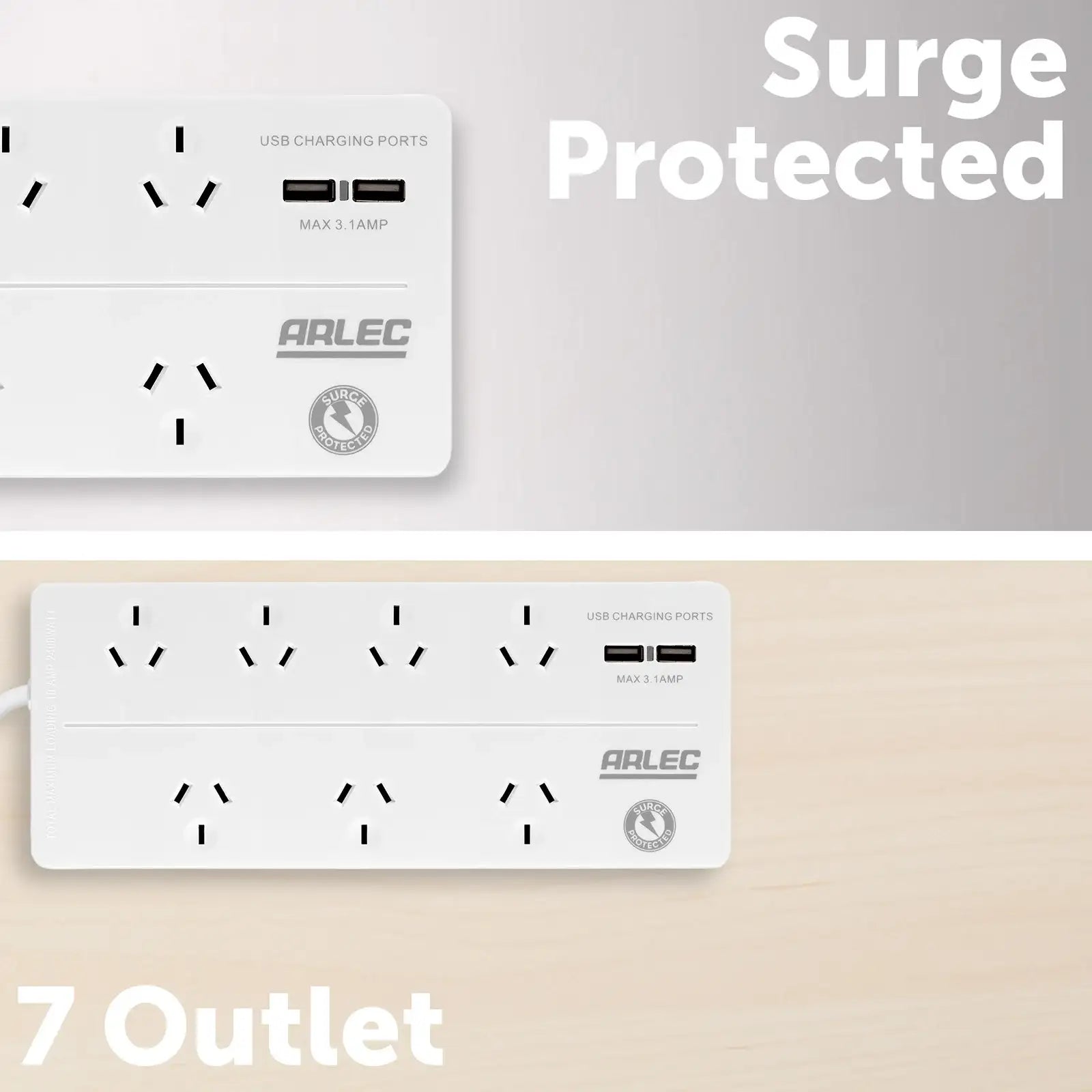 Arlec 7-Outlet Surge Powerboard With USB Charger – multi socket powerboard with USB charging and surge protection