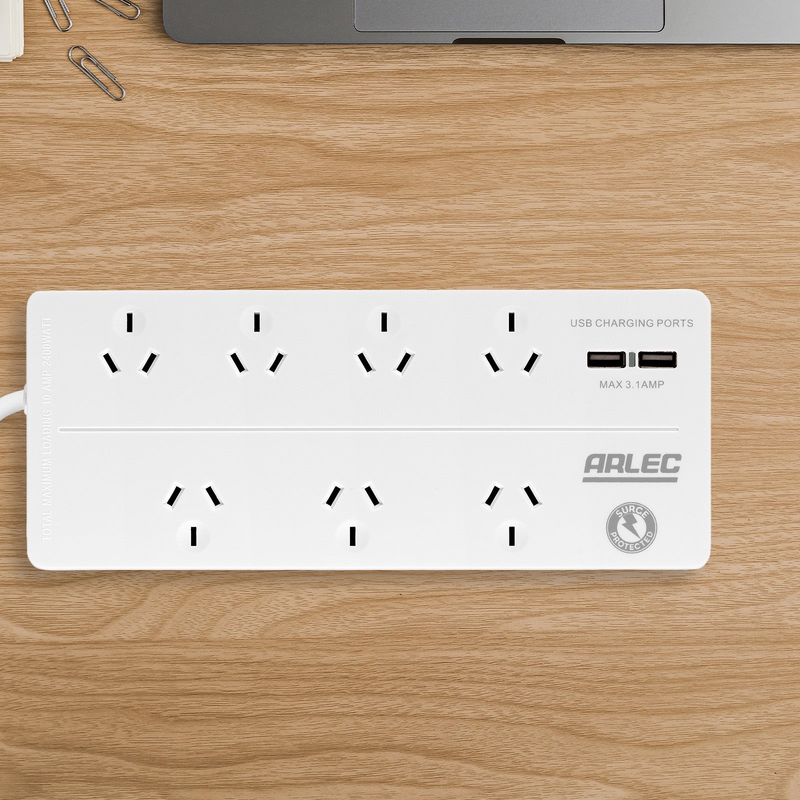 Arlec 7-Outlet Surge Powerboard With USB Charger – multi socket powerboard with USB charging and surge protection