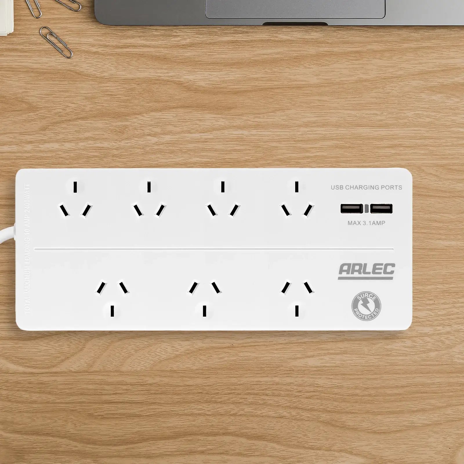 Arlec 7-Outlet Surge Powerboard With USB Charger – multi socket powerboard with USB charging and surge protection
