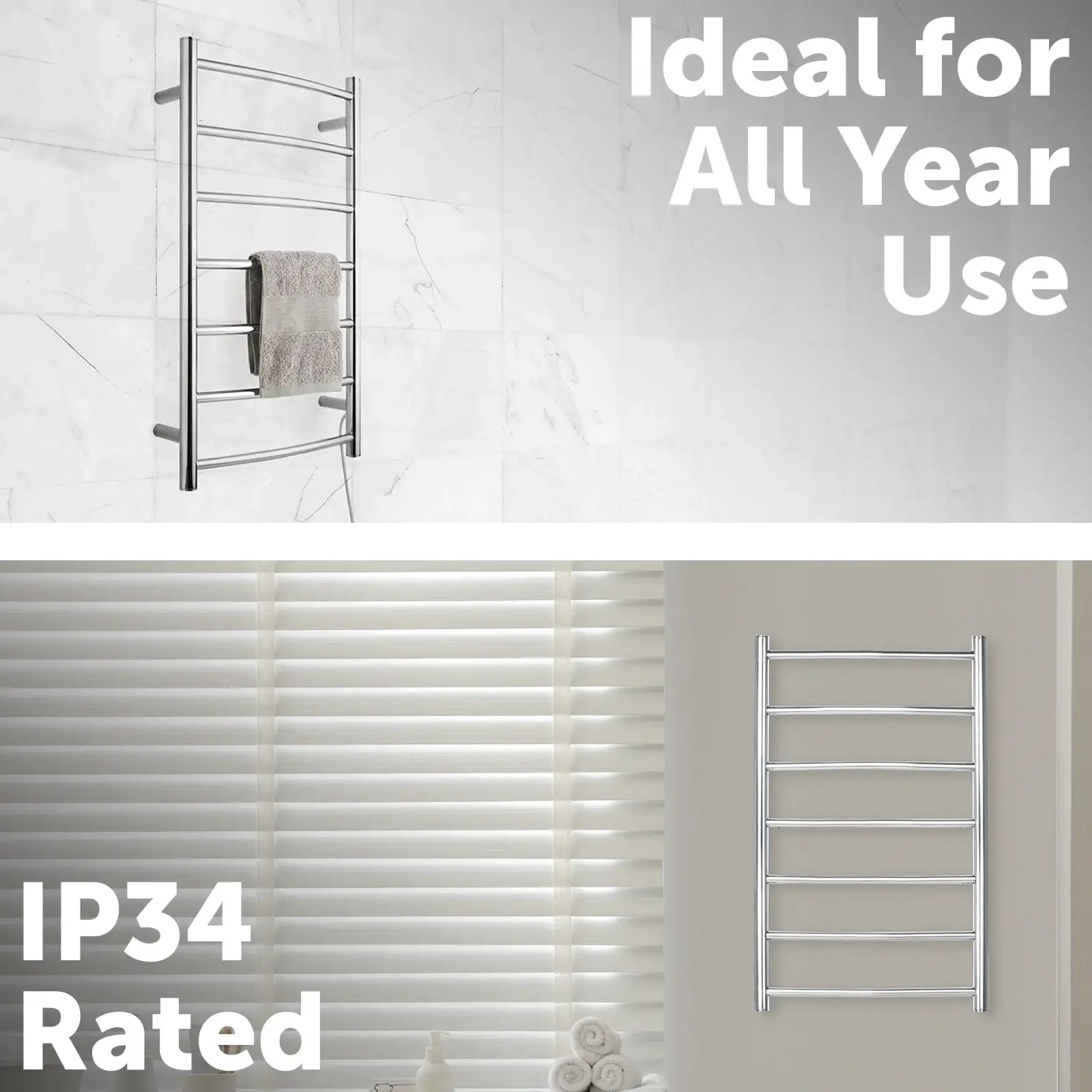 Arlec 65W 7 bar curved stainless steel heated towel rail, modern and efficient