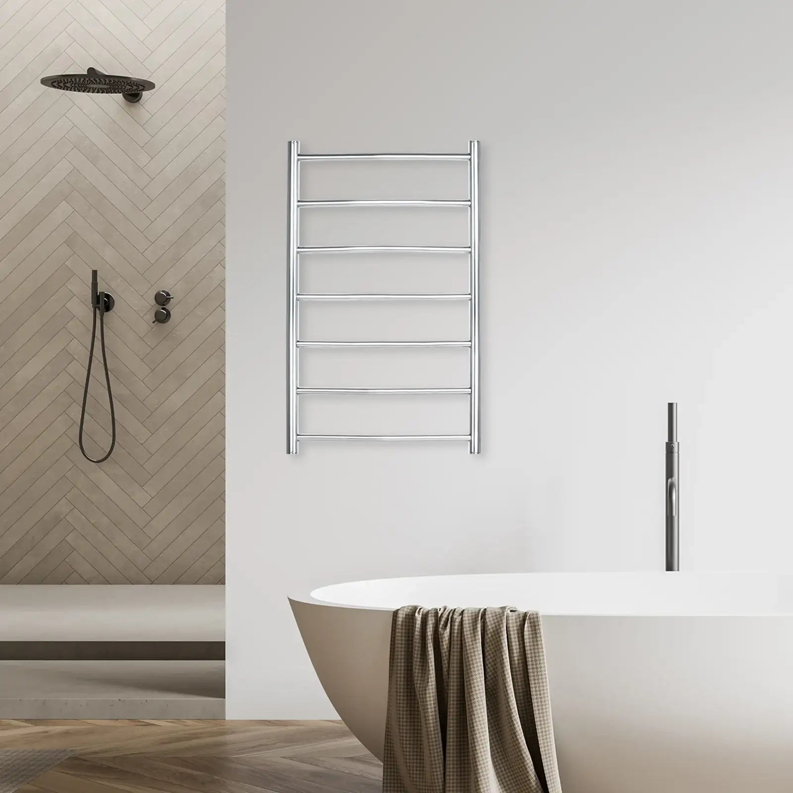 Arlec 65W 7 bar curved stainless steel heated towel rail, modern and efficient