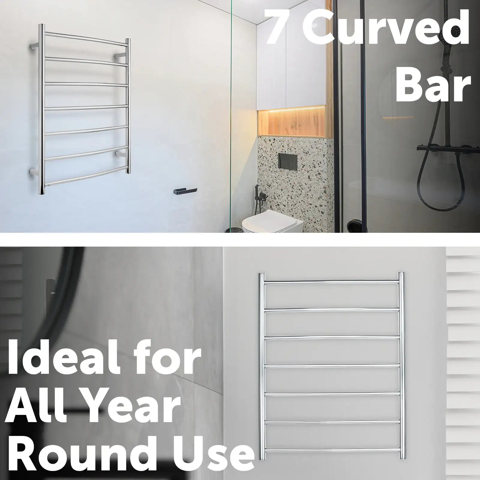 Arlec 70W curved 7 bar stainless steel towel rail for stylish bathroom heating