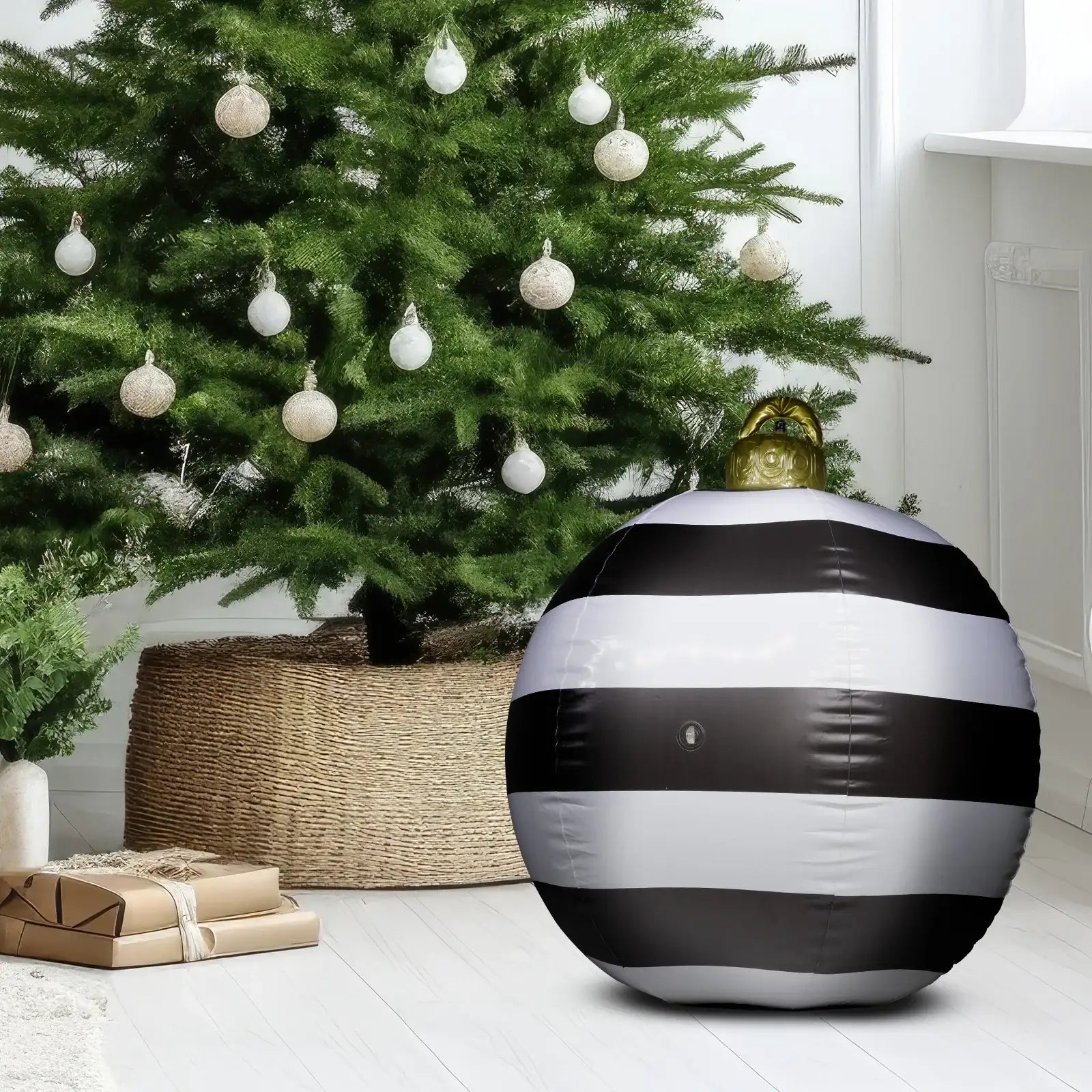 Arlec 80cm black & white inflatable PVC bauble – outdoor Christmas ornament with pump and ground fixing accessories