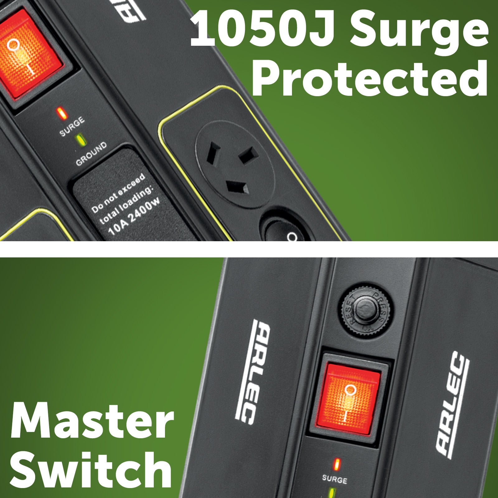 Arlec 8 Outlet 2 x USB Coax Surge Protect Powerboard - USB and coax protection board, 8 outlet surge powerboard, master switched extension board