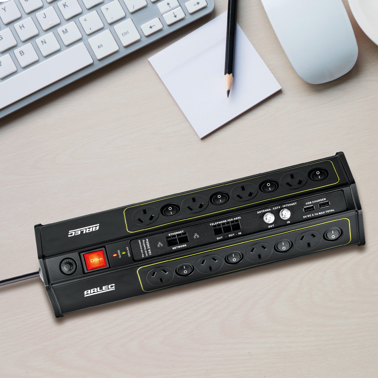 Arlec 8 Outlet 2 x USB Coax Surge Protect Powerboard - USB and coax protection board, 8 outlet surge powerboard, master switched extension board