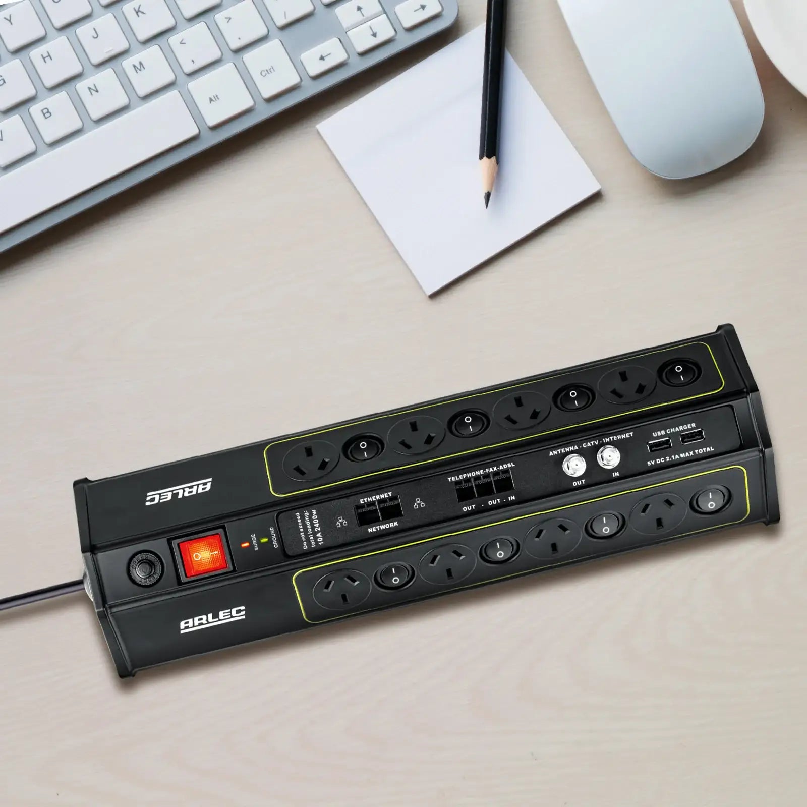 Arlec 8 Outlet 2 x USB Coax Surge Protect Powerboard - USB and coax protection board, 8 outlet surge powerboard, master switched extension board