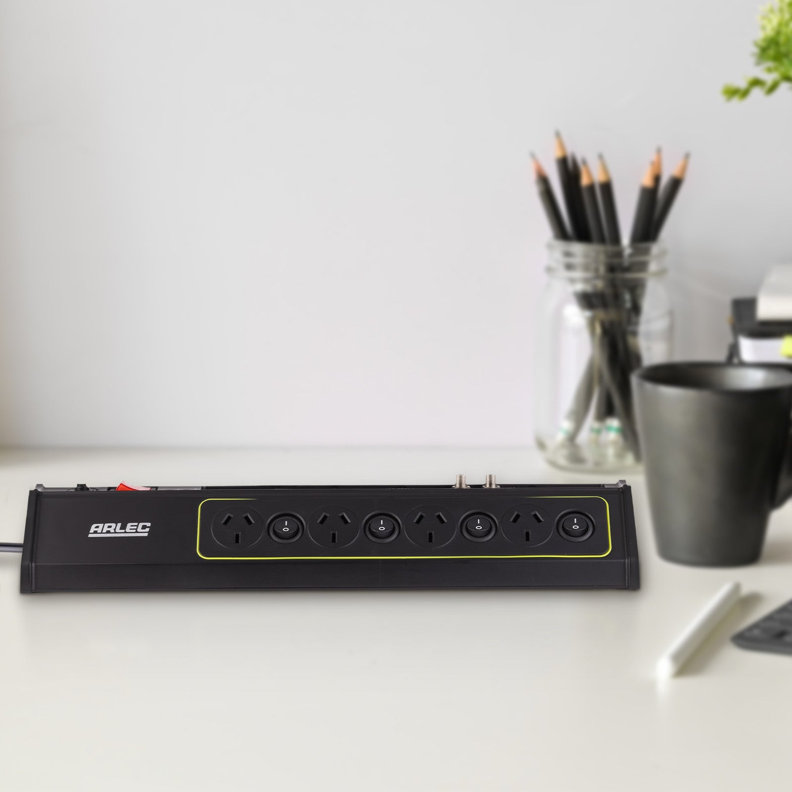 Arlec 8 Outlet 2 x USB Coax Surge Protect Powerboard - USB and coax protection board, 8 outlet surge powerboard, master switched extension board