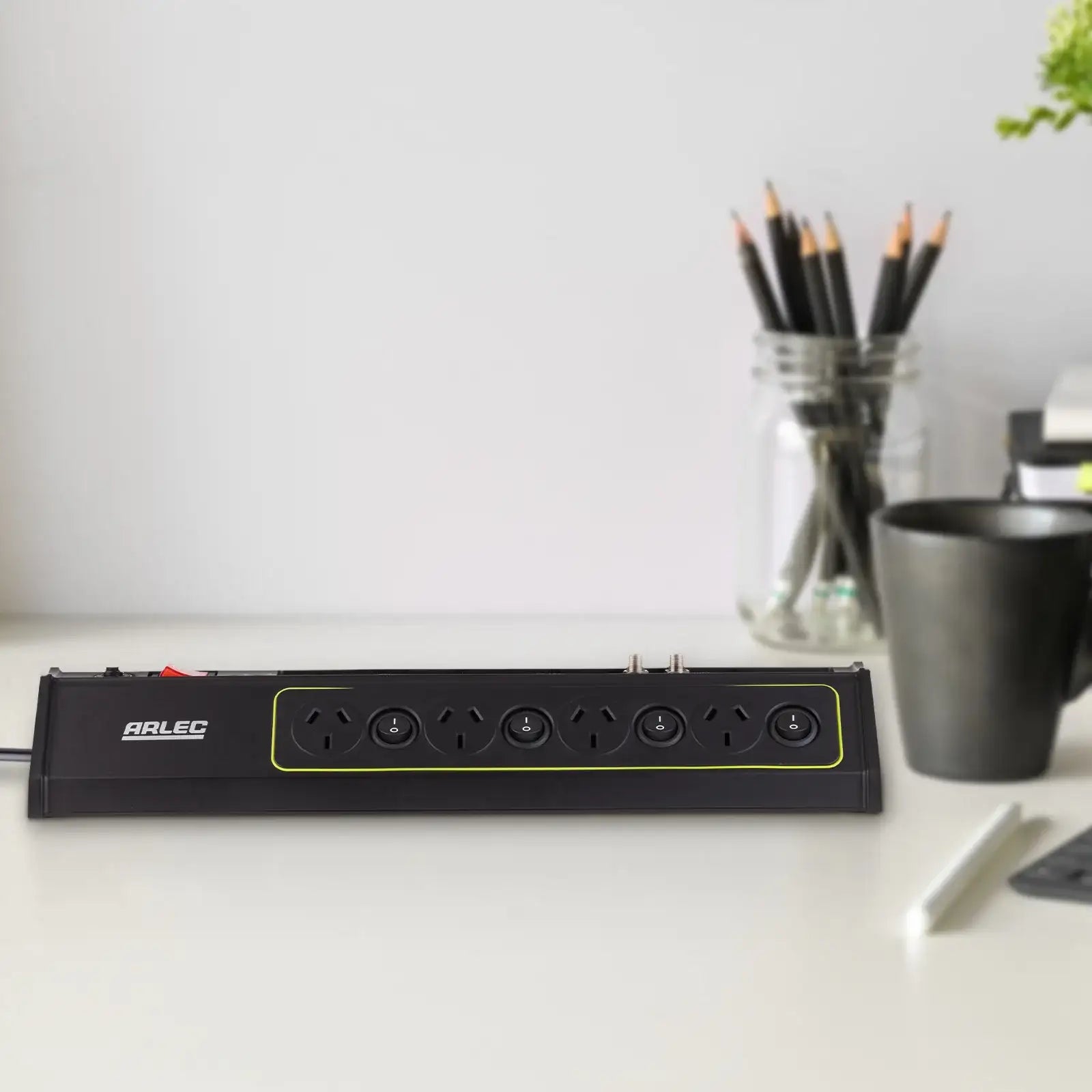 Arlec 8 Outlet 2 x USB Coax Surge Protect Powerboard - USB and coax protection board, 8 outlet surge powerboard, master switched extension board