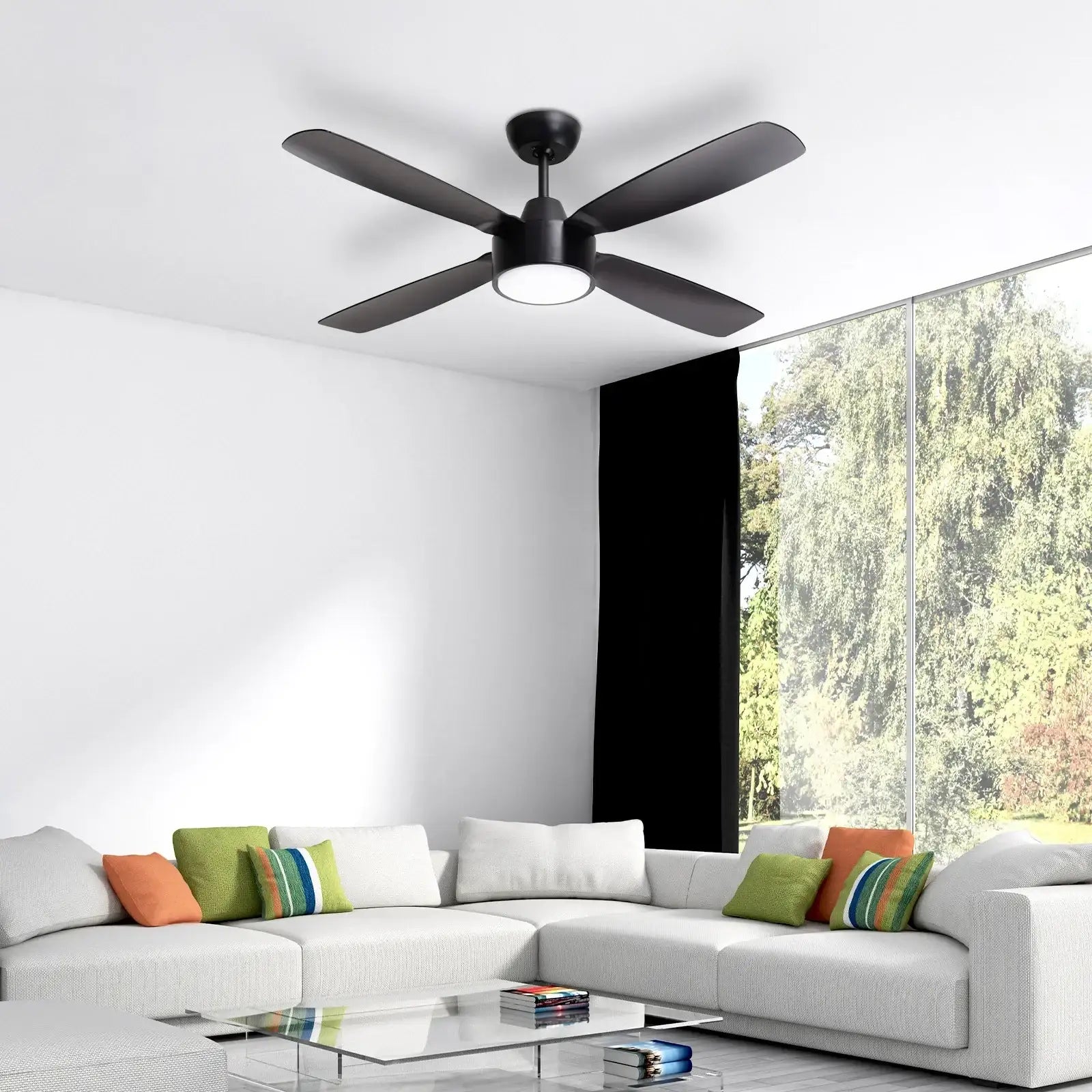 arlec 120cm aer ceiling fan – matte black dc ceiling fan; tri-colour led smart fan; modern quiet fan for any room
