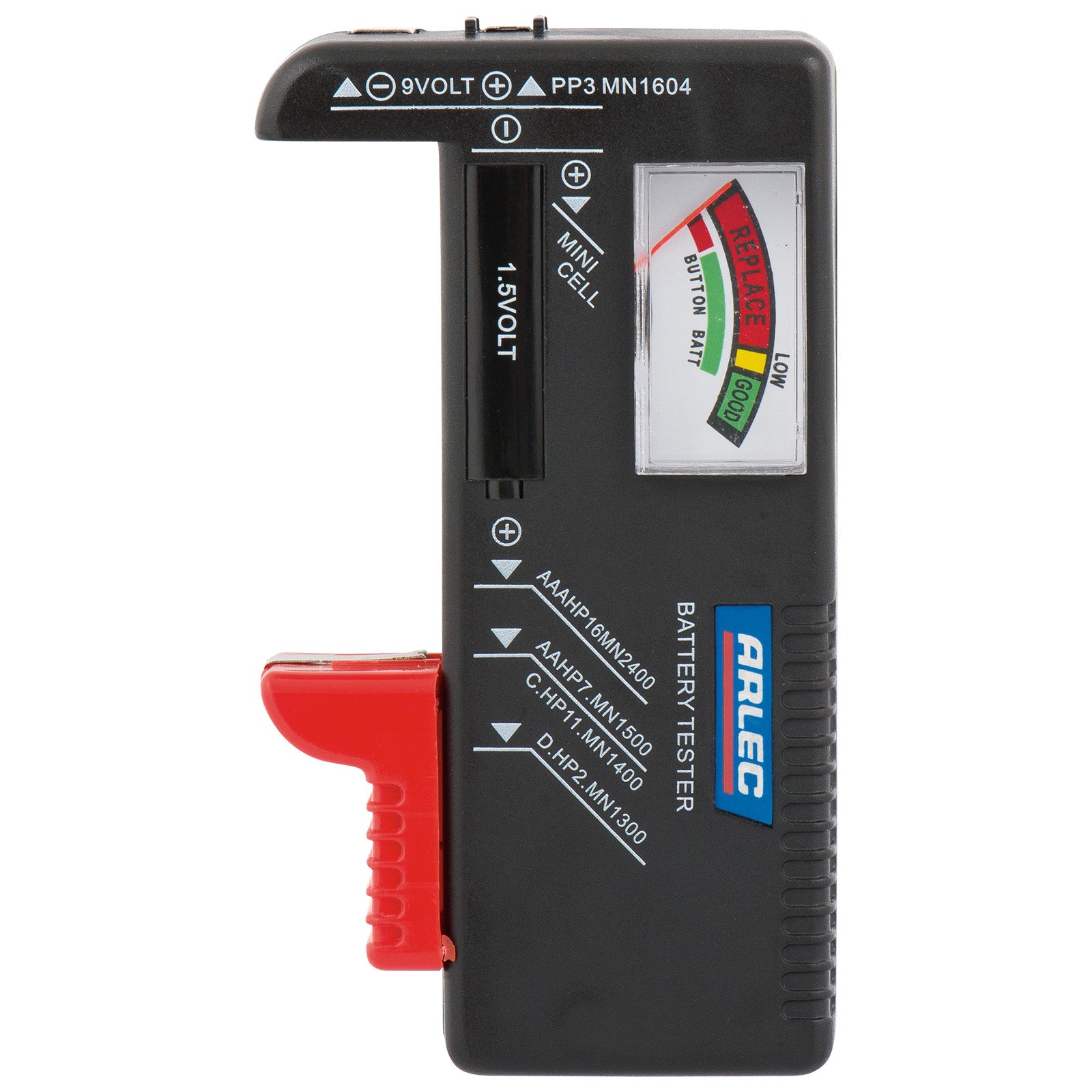 Battery tester for AAA, AA, C, D, 9V β Arlec with color-coded meter