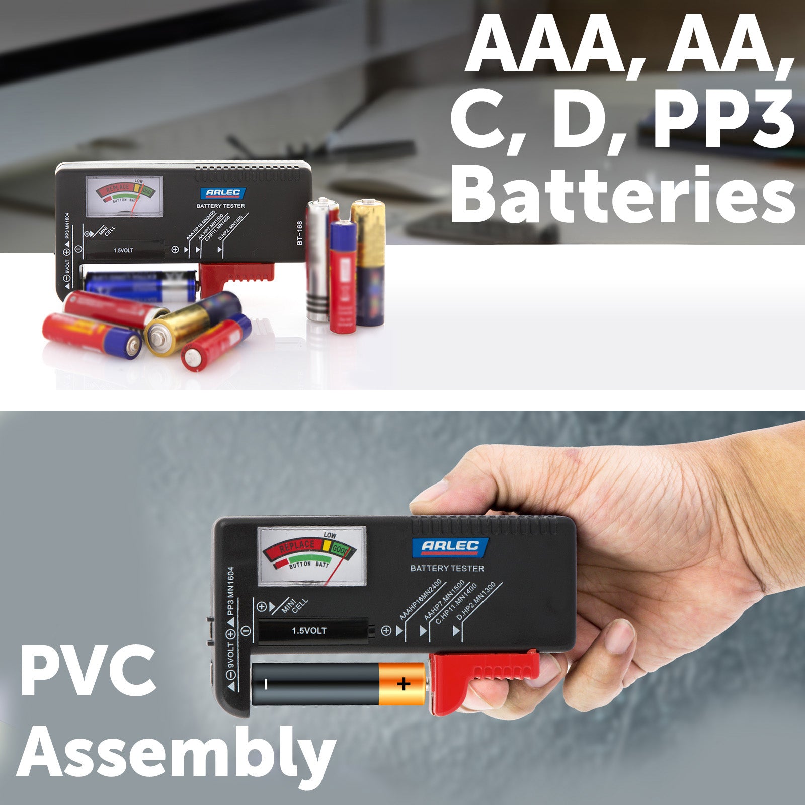 Battery tester for AAA, AA, C, D, 9V – Arlec with color-coded meter