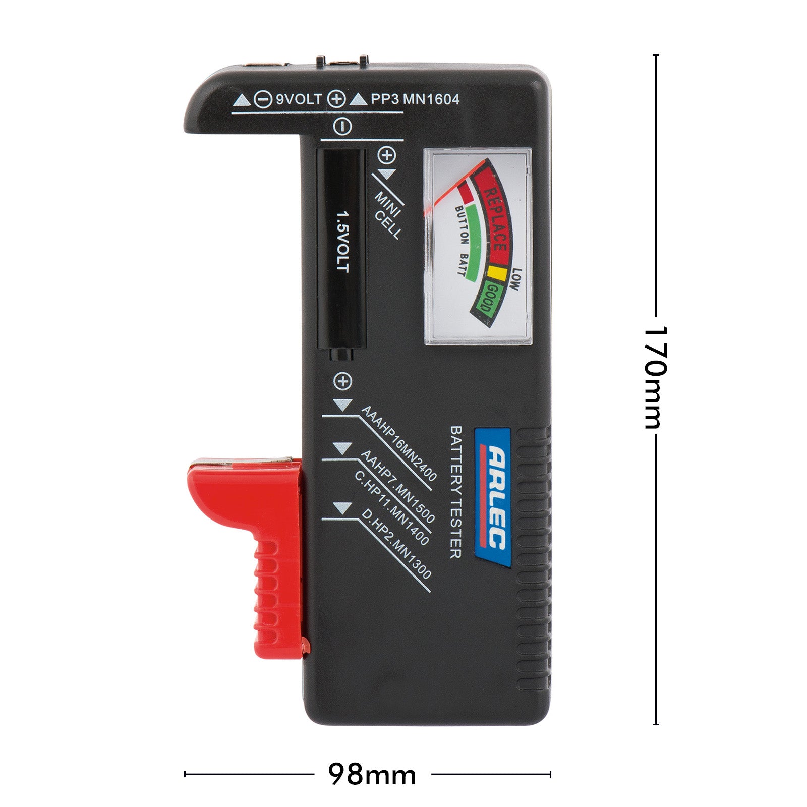 Battery tester for AAA, AA, C, D, 9V – Arlec with color-coded meter