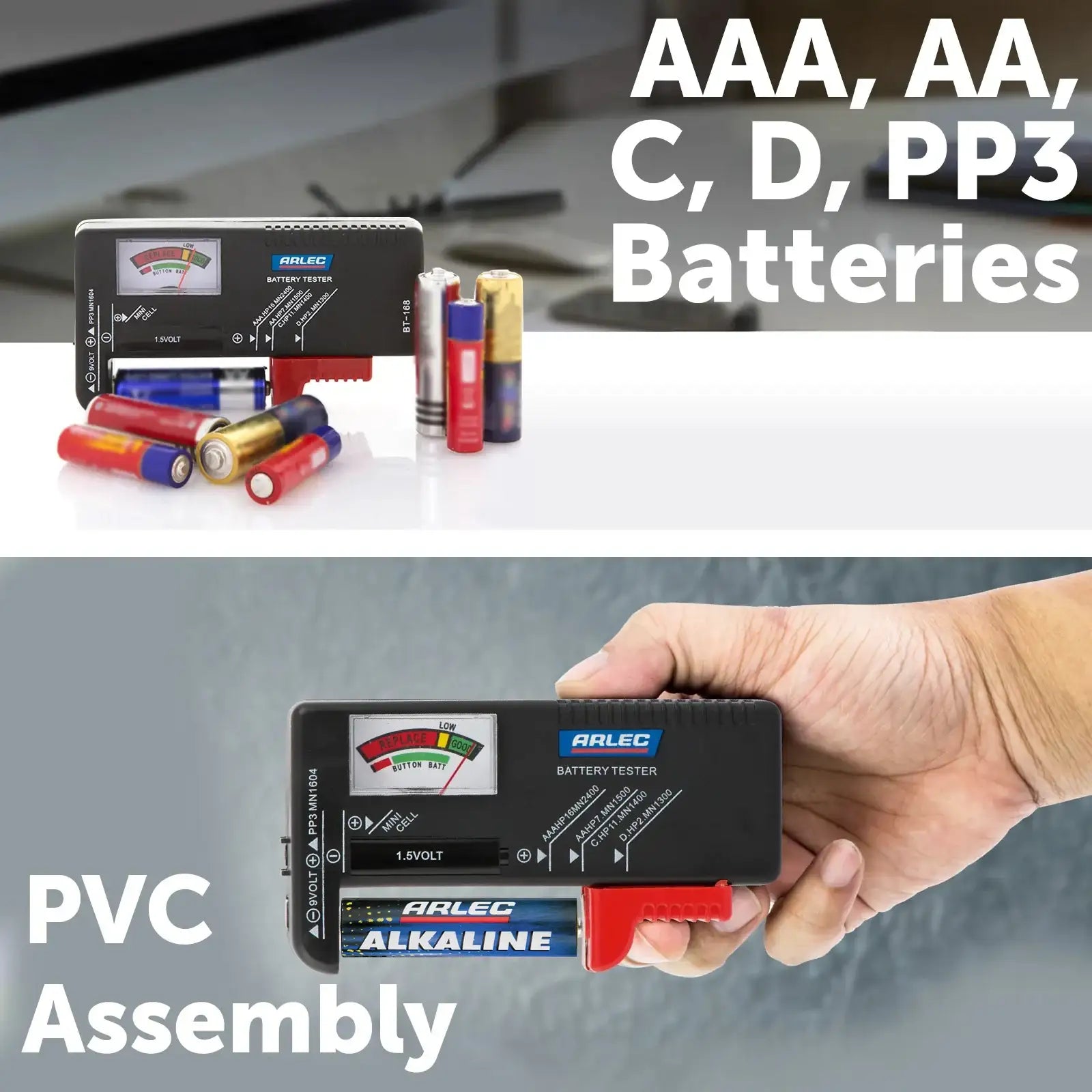 Battery tester for AAA, AA, C, D, 9V – Arlec with color-coded meter