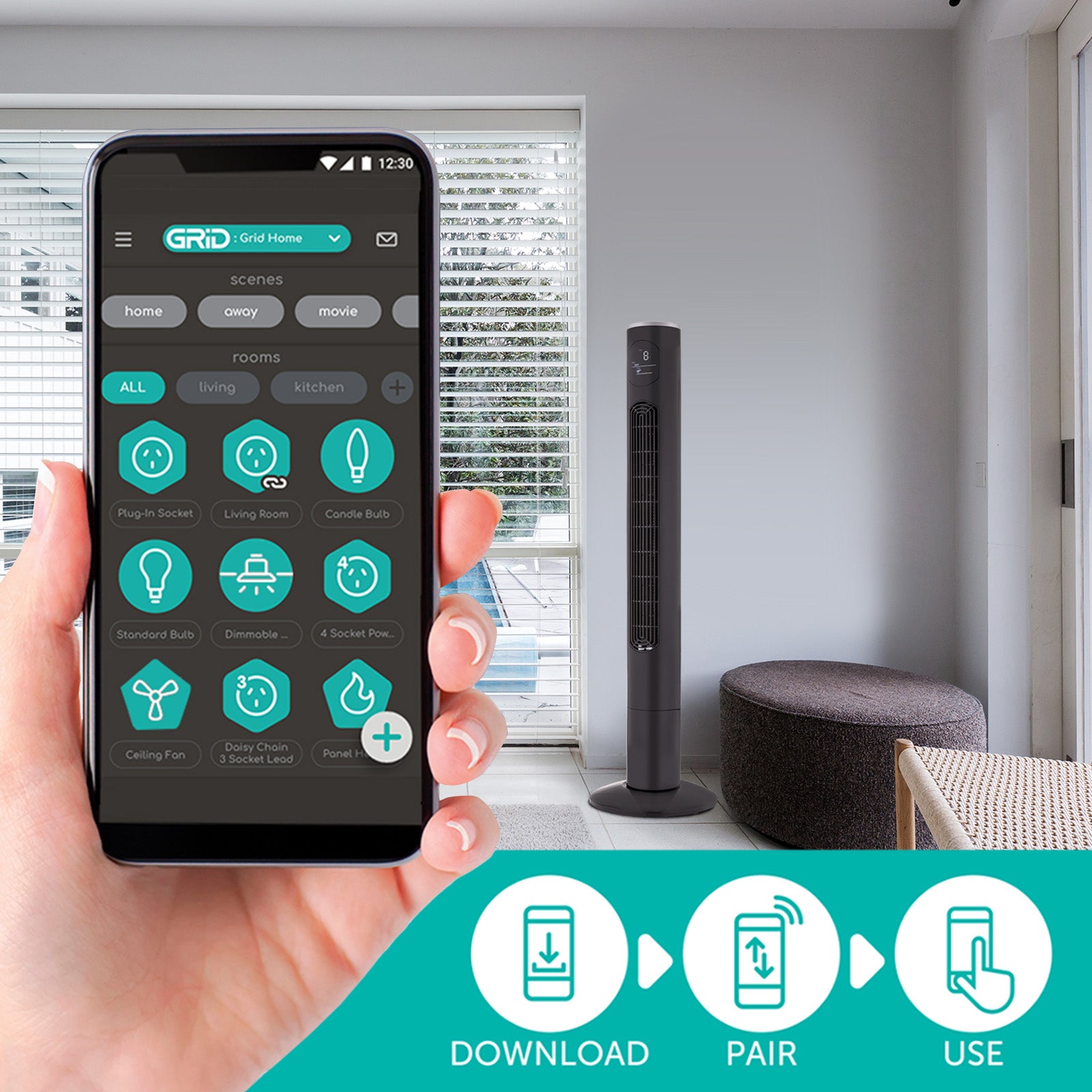 Arlec 118cm smart oscillating tower fan with 12 speeds and remote