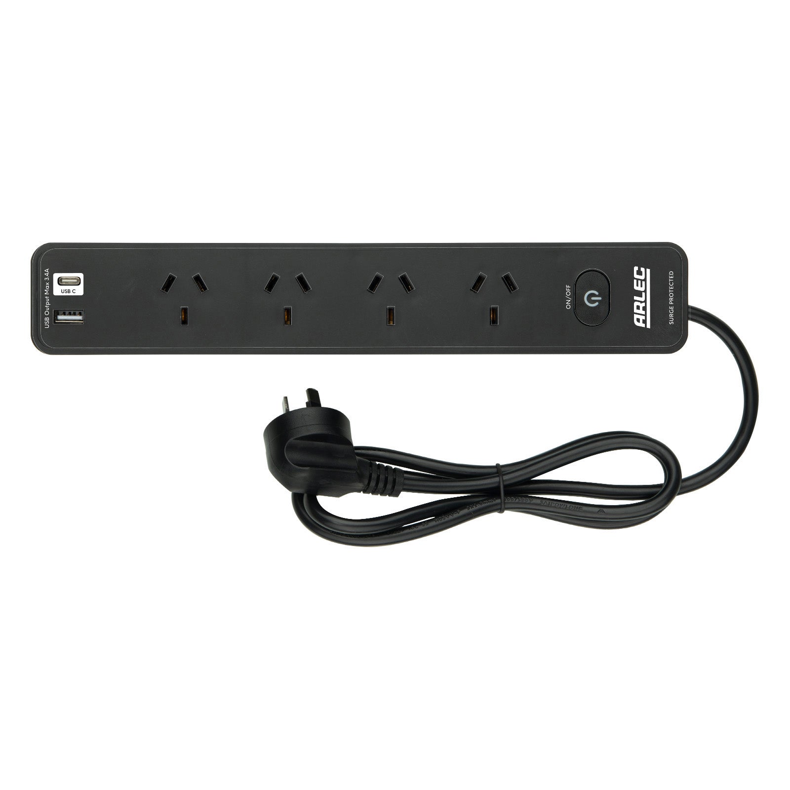 Arlec 4 Outlet Black Surge Protected Powerboard with USB A&C Charger and Master Switch - surge protector board, USB charging powerboard, 4 socket extension