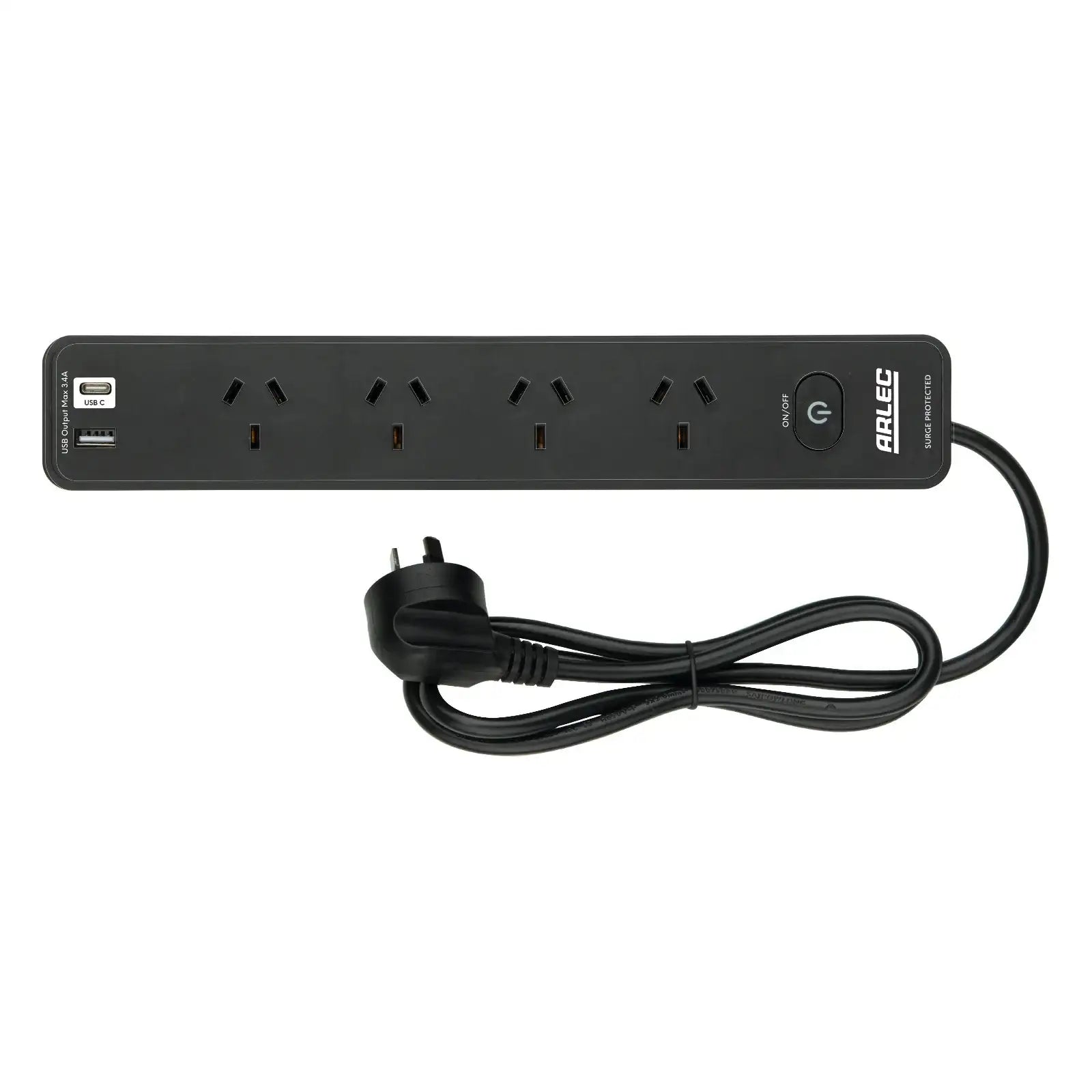 Arlec 4 Outlet Black Surge Protected Powerboard with USB A&C Charger and Master Switch - surge protector board, USB charging powerboard, 4 socket extension