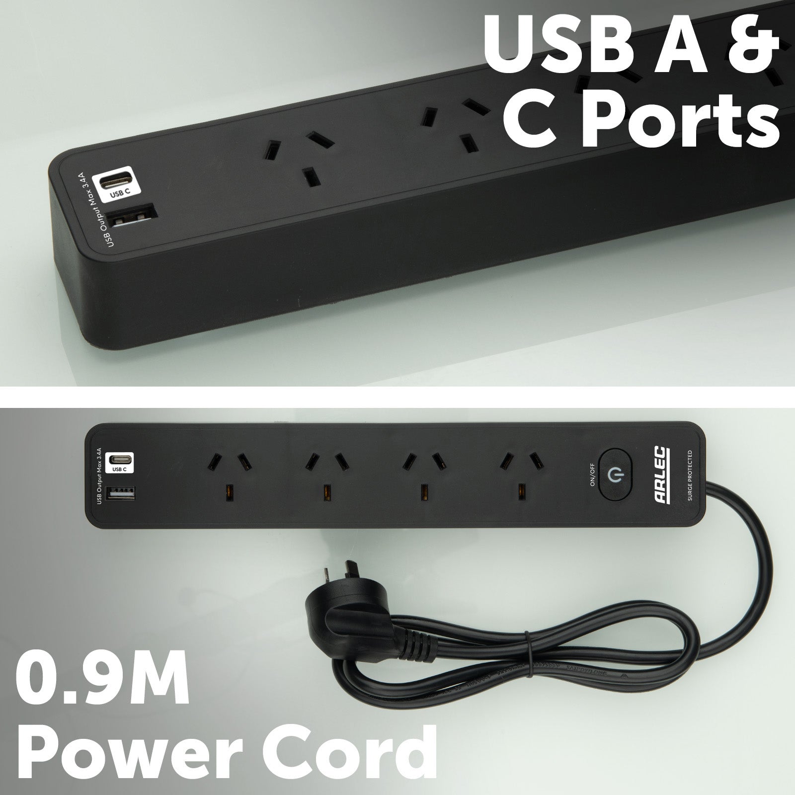 Arlec 4 Outlet Black Surge Protected Powerboard with USB A&C Charger and Master Switch - surge protector board, USB charging powerboard, 4 socket extension