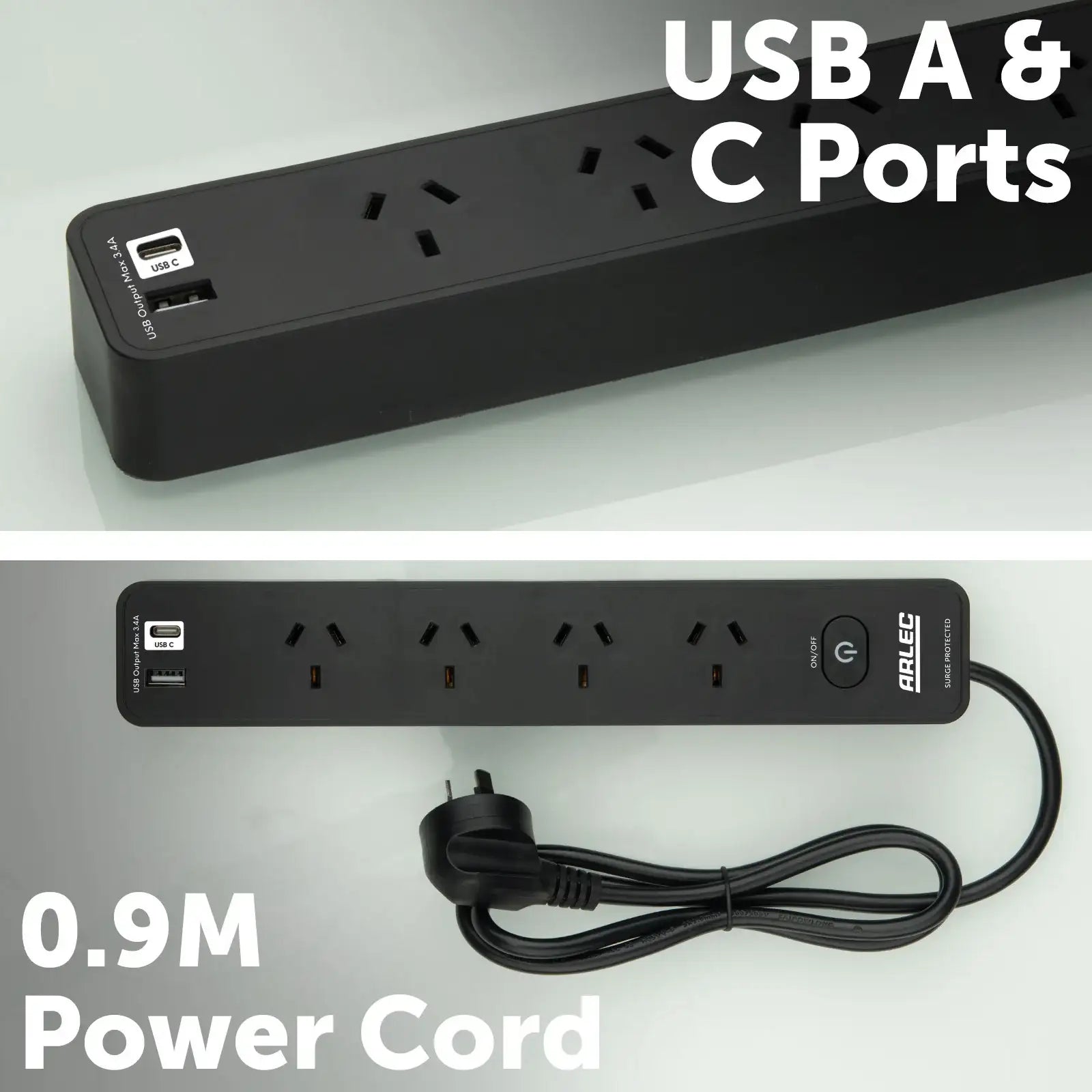 Arlec 4 Outlet Black Surge Protected Powerboard with USB A&C Charger and Master Switch - surge protector board, USB charging powerboard, 4 socket extension
