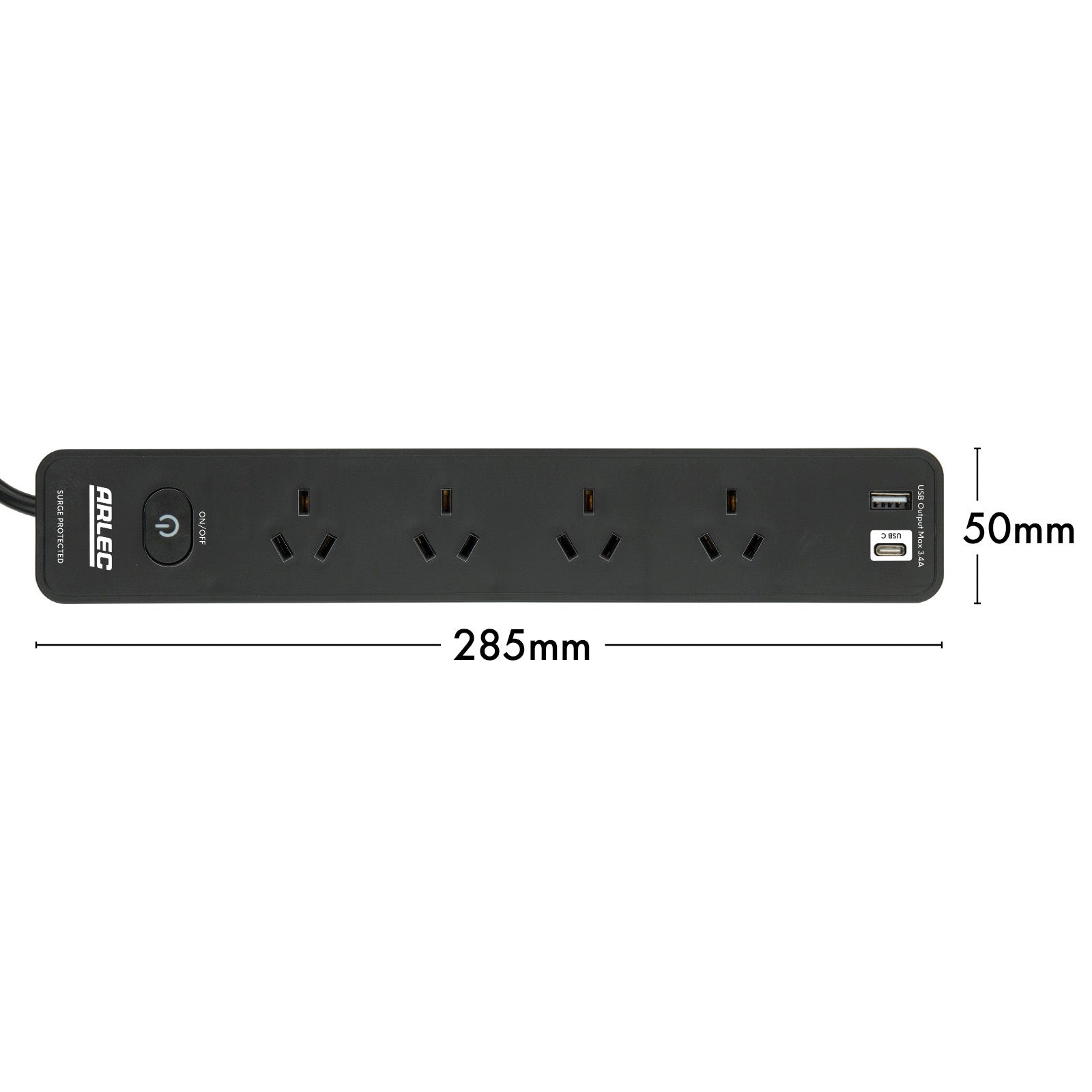 Arlec 4 Outlet Black Surge Protected Powerboard with USB A&C Charger and Master Switch - surge protector board, USB charging powerboard, 4 socket extension