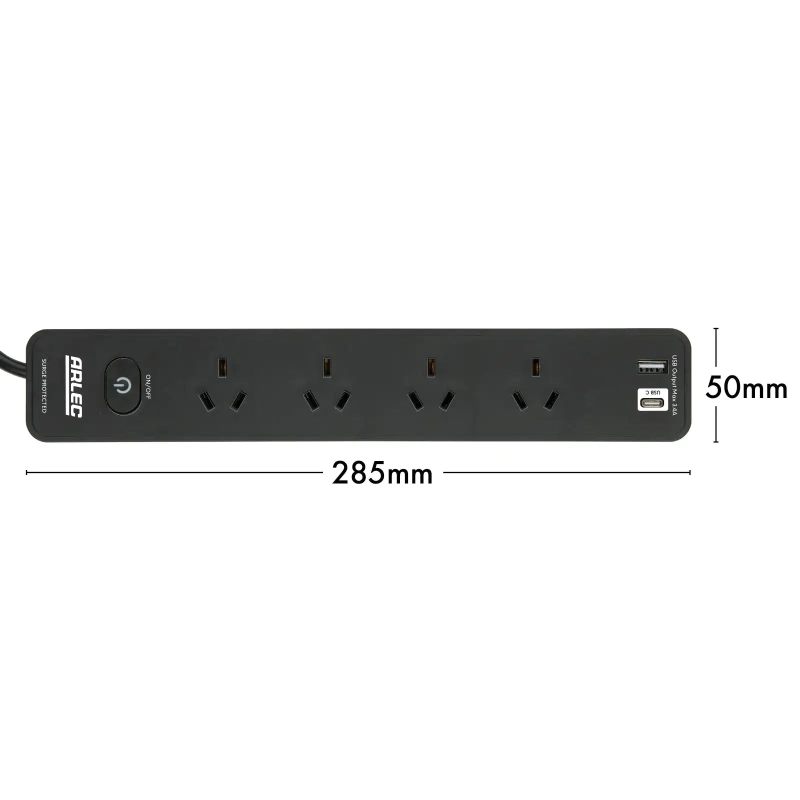 Arlec 4 Outlet Black Surge Protected Powerboard with USB A&C Charger and Master Switch - surge protector board, USB charging powerboard, 4 socket extension