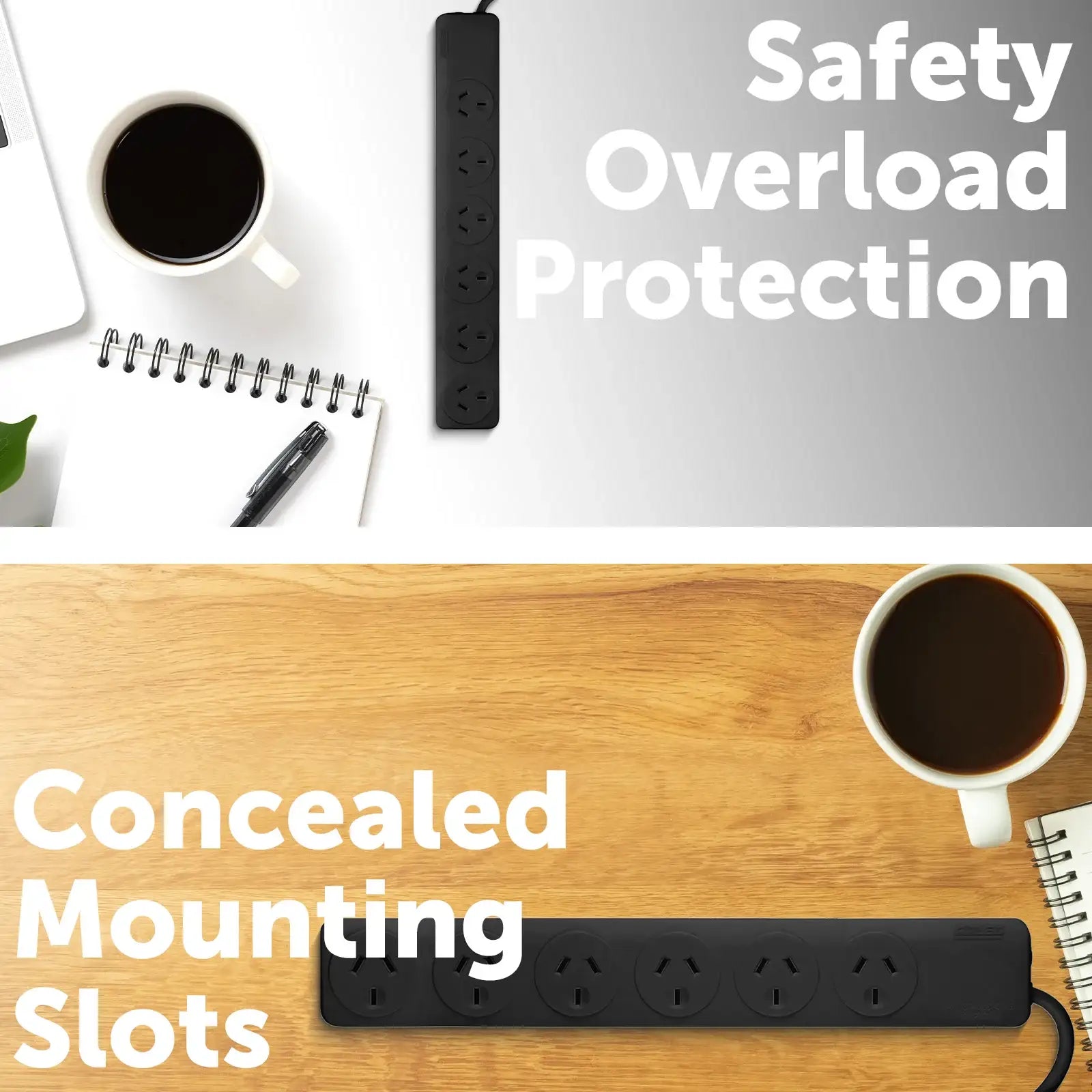 Arlec Black 6 Outlet Powerboard - 2 Pack - 6 outlet powerboard, black extension board, twin pack power strip