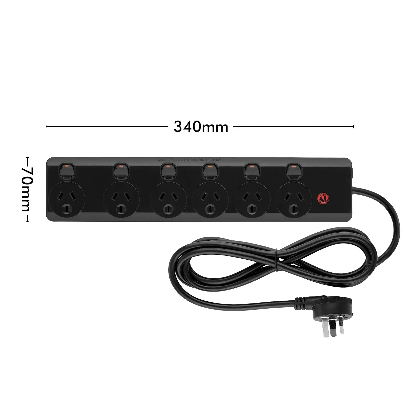 Arlec Black Individually Switched Surge Protected 6 Outlet Powerboard – surge protected black powerboard, 6 switch