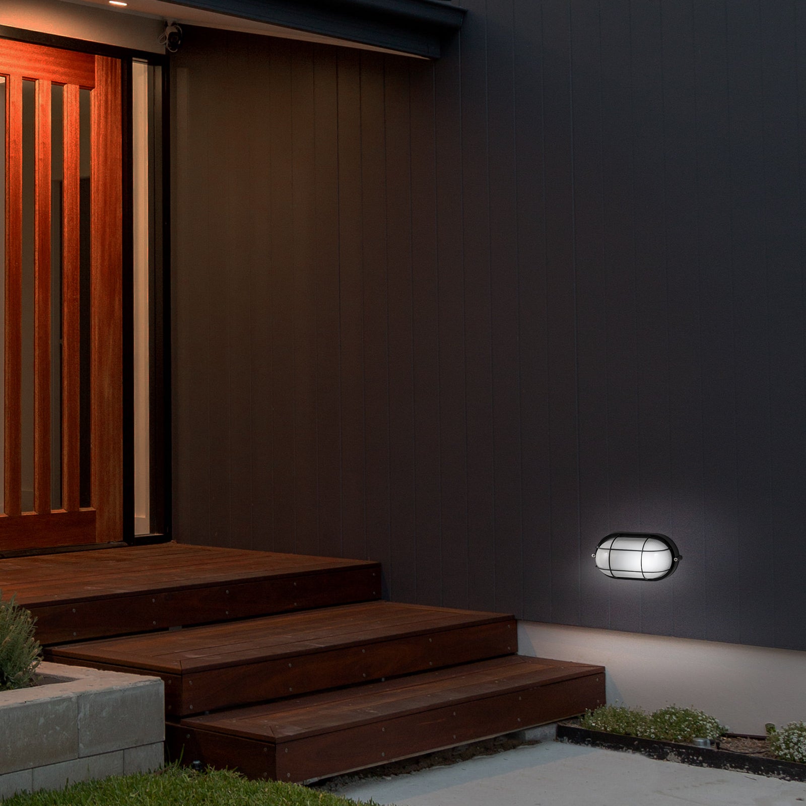 Arlec Black Oval Caged Bunker Light - bunker wall light