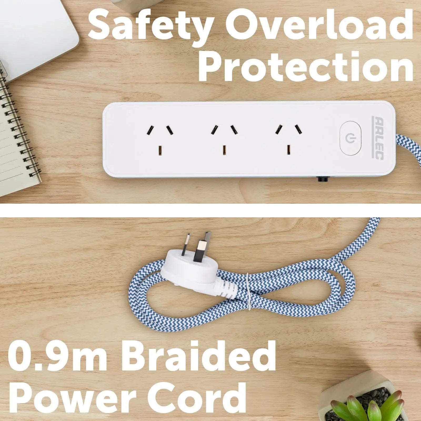 4 outlet powerboard with braided power cord blue – extension lead with USB charging and braided cable