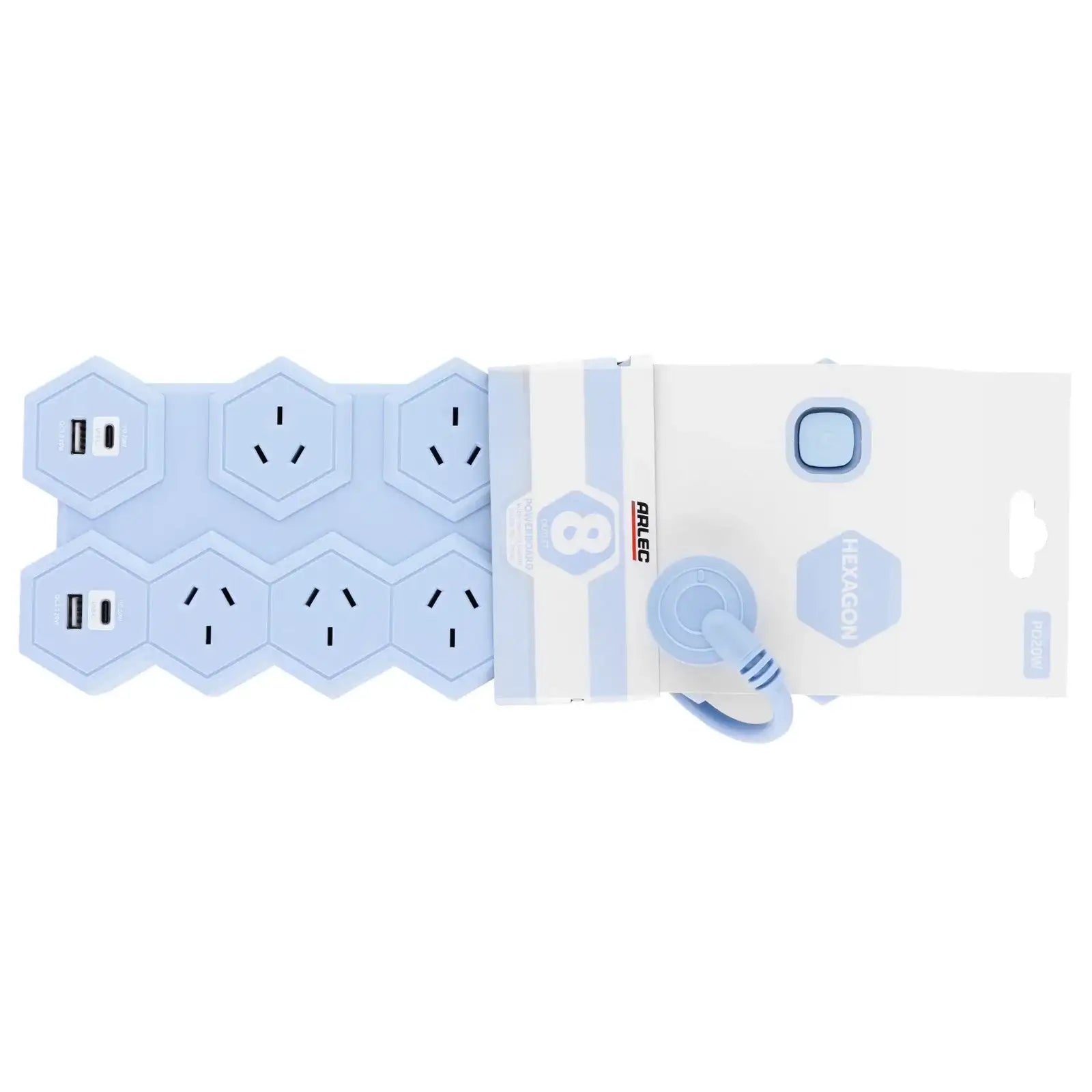 8 outlet hex powerboard – blue – hexagonal power board design with 8 outlets and USB ports