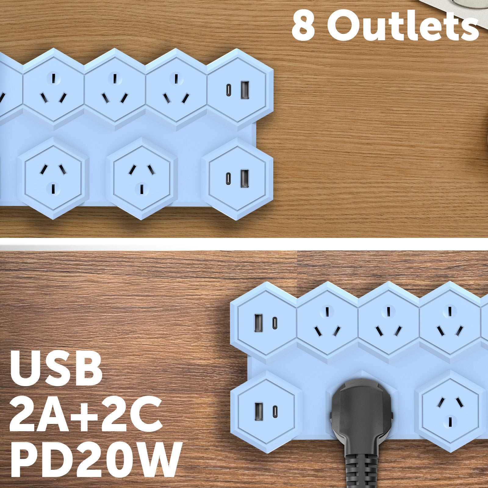 8 outlet hex powerboard – blue – hexagonal power board design with 8 outlets and USB ports