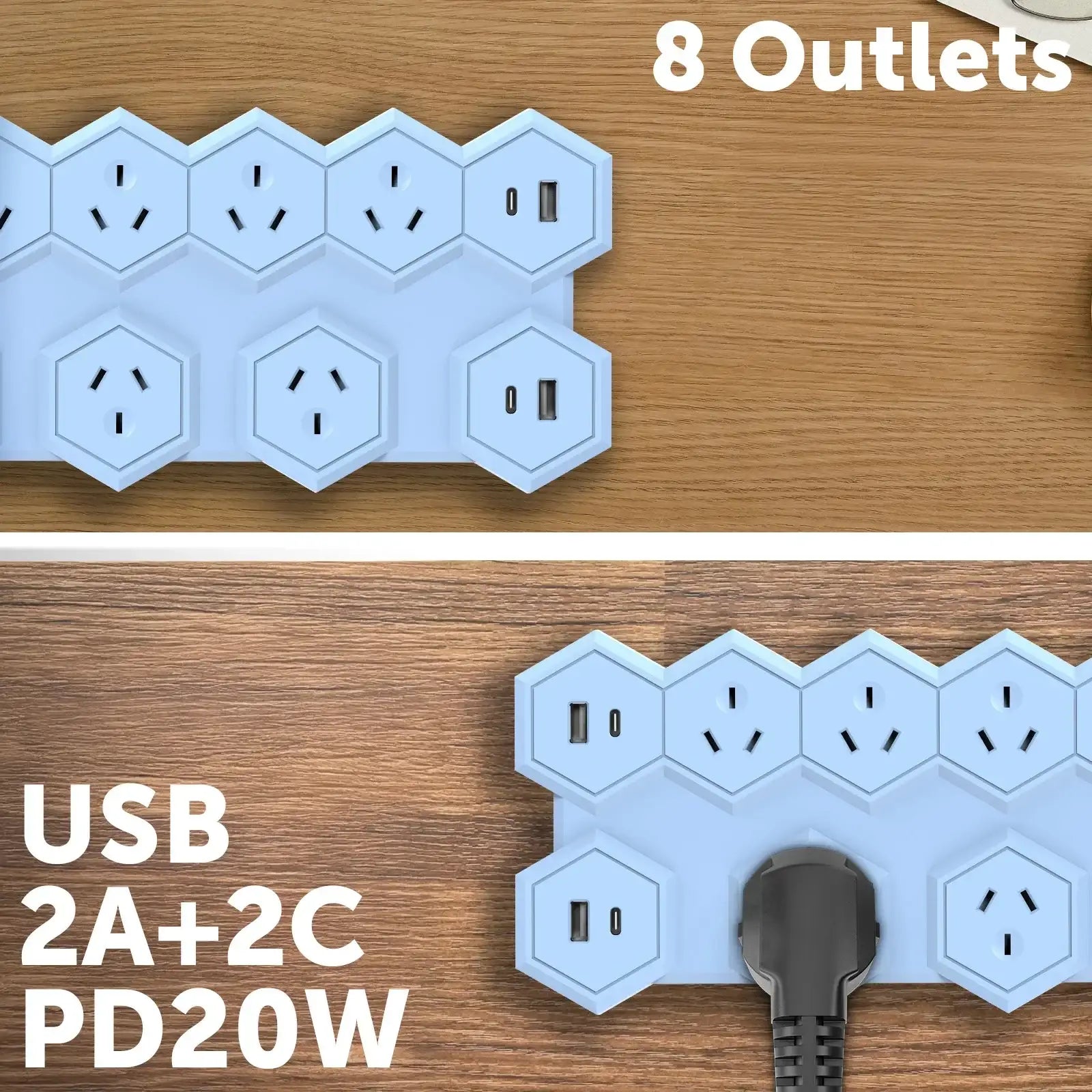 8 outlet hex powerboard – blue – hexagonal power board design with 8 outlets and USB ports