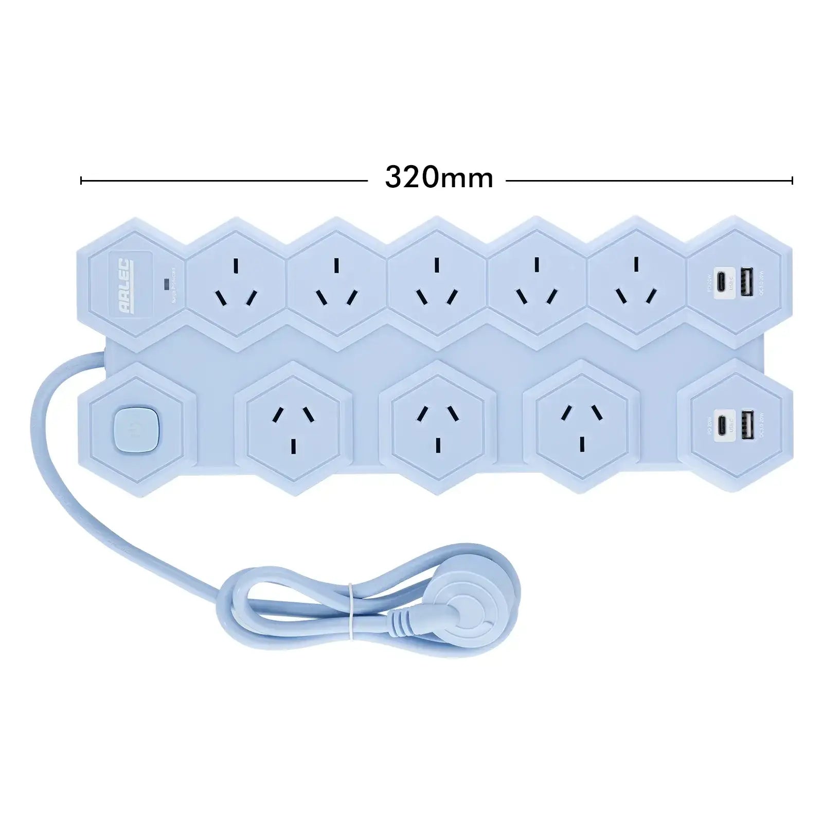 8 outlet hex powerboard – blue – hexagonal power board design with 8 outlets and USB ports