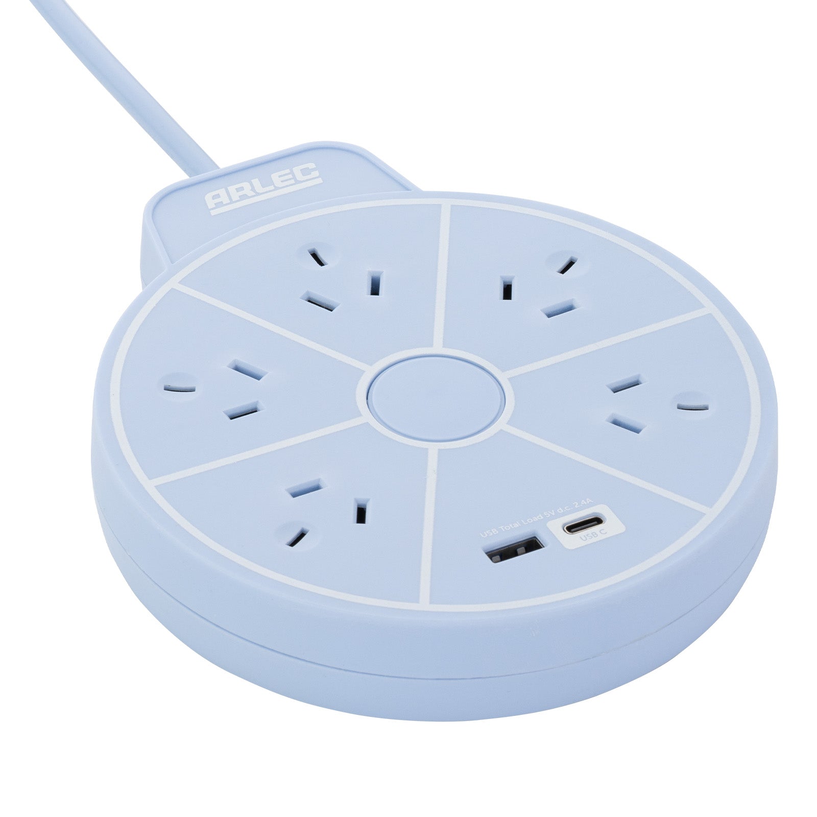5 outlet round powerboard with USBs – blue – circular design extension board with USB charging