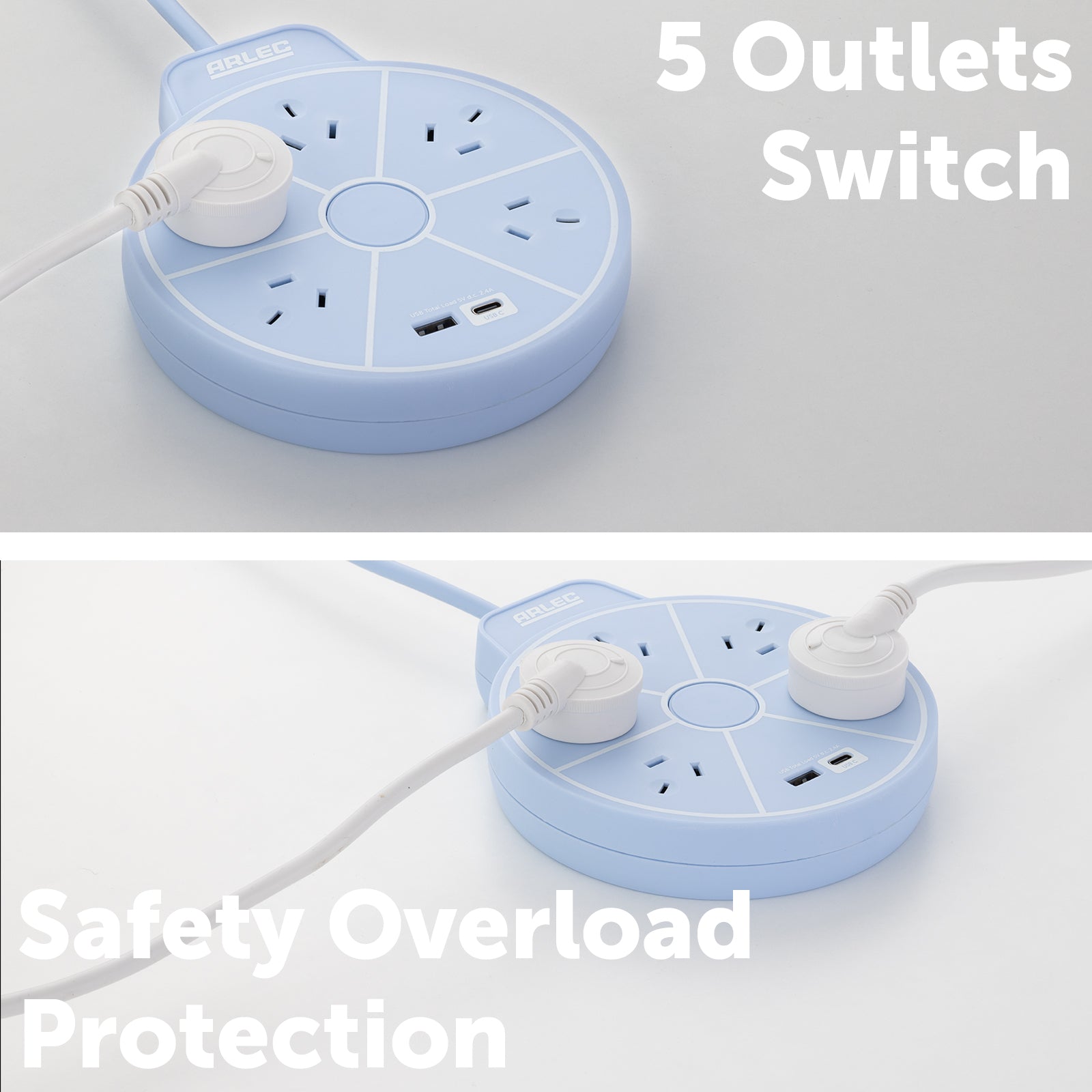 5 outlet round powerboard with USBs – blue – circular design extension board with USB charging
