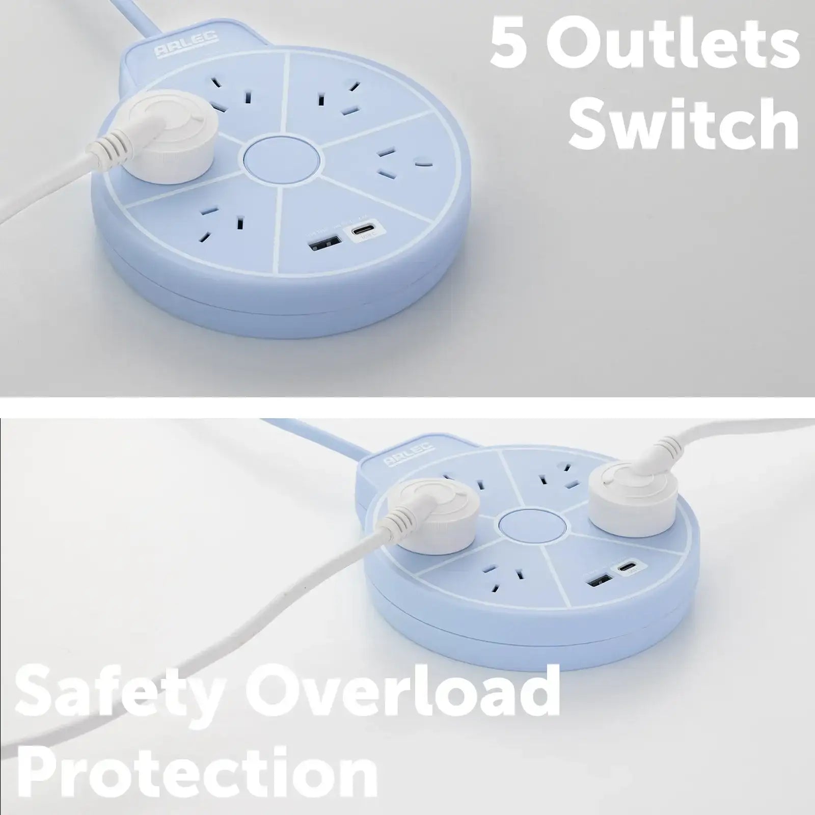 5 outlet round powerboard with USBs – blue – circular design extension board with USB charging