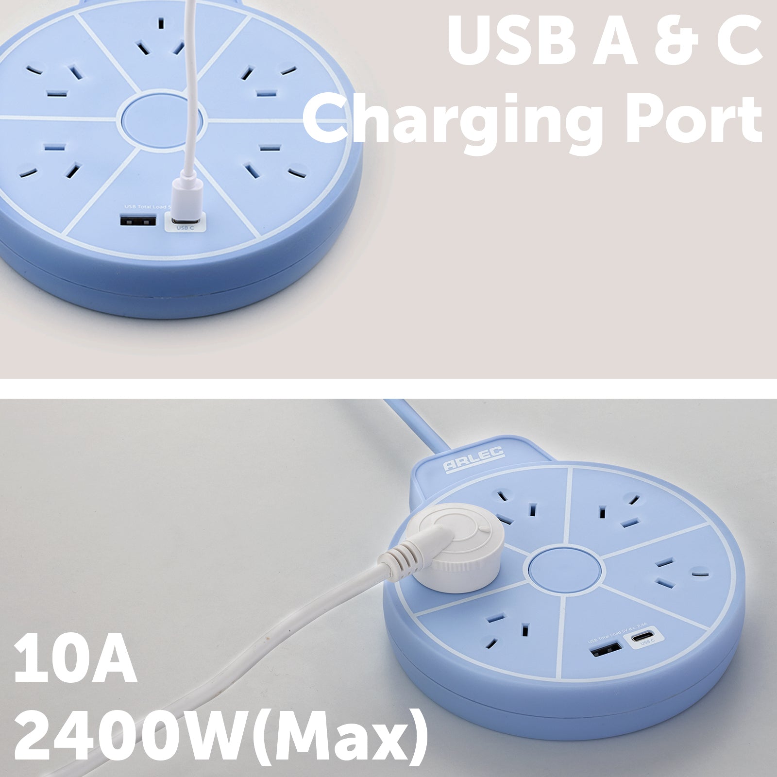 5 outlet round powerboard with USBs – blue – circular design extension board with USB charging