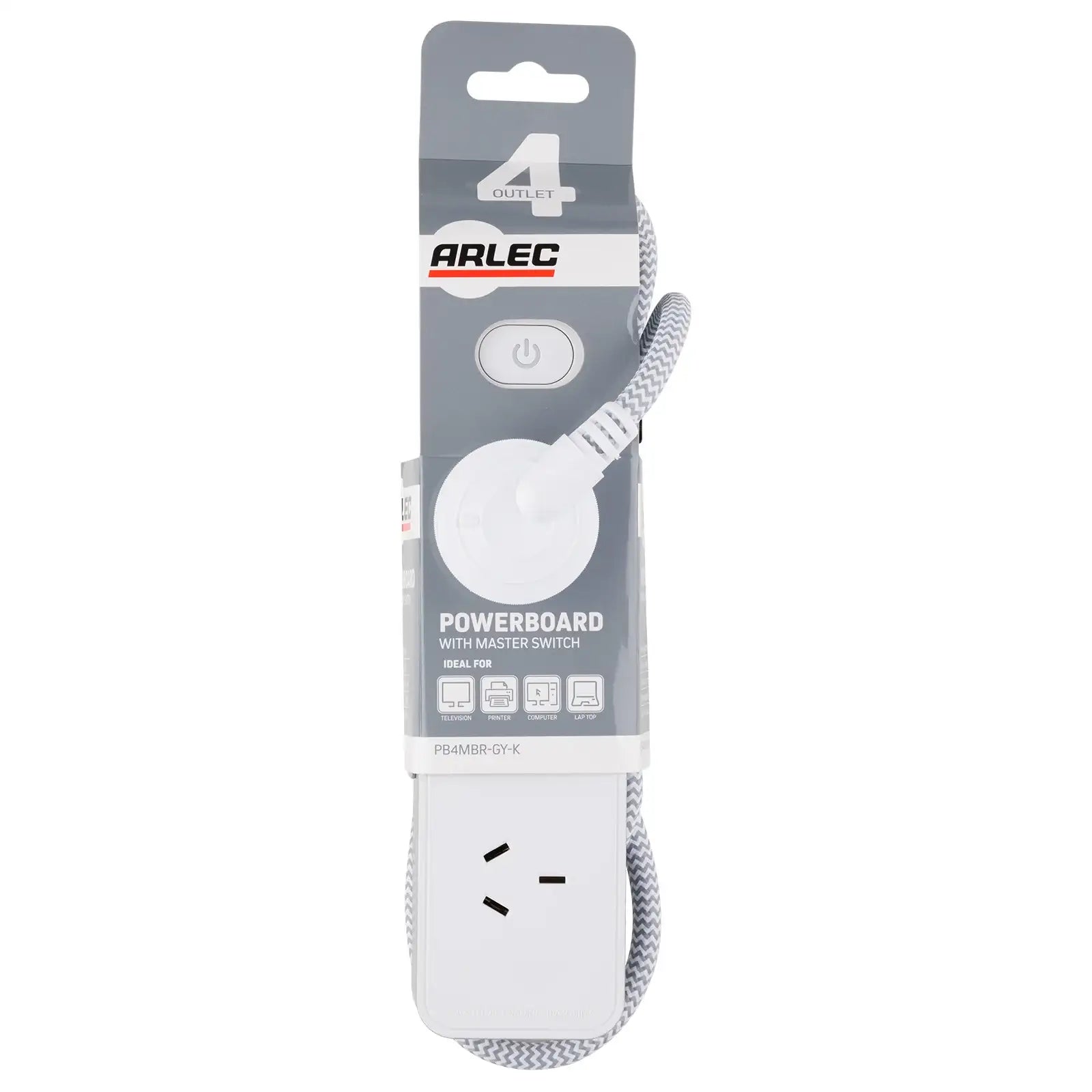 4 outlet powerboard with braided power cord grey – stylish extension board with braided cord, 4 outlets