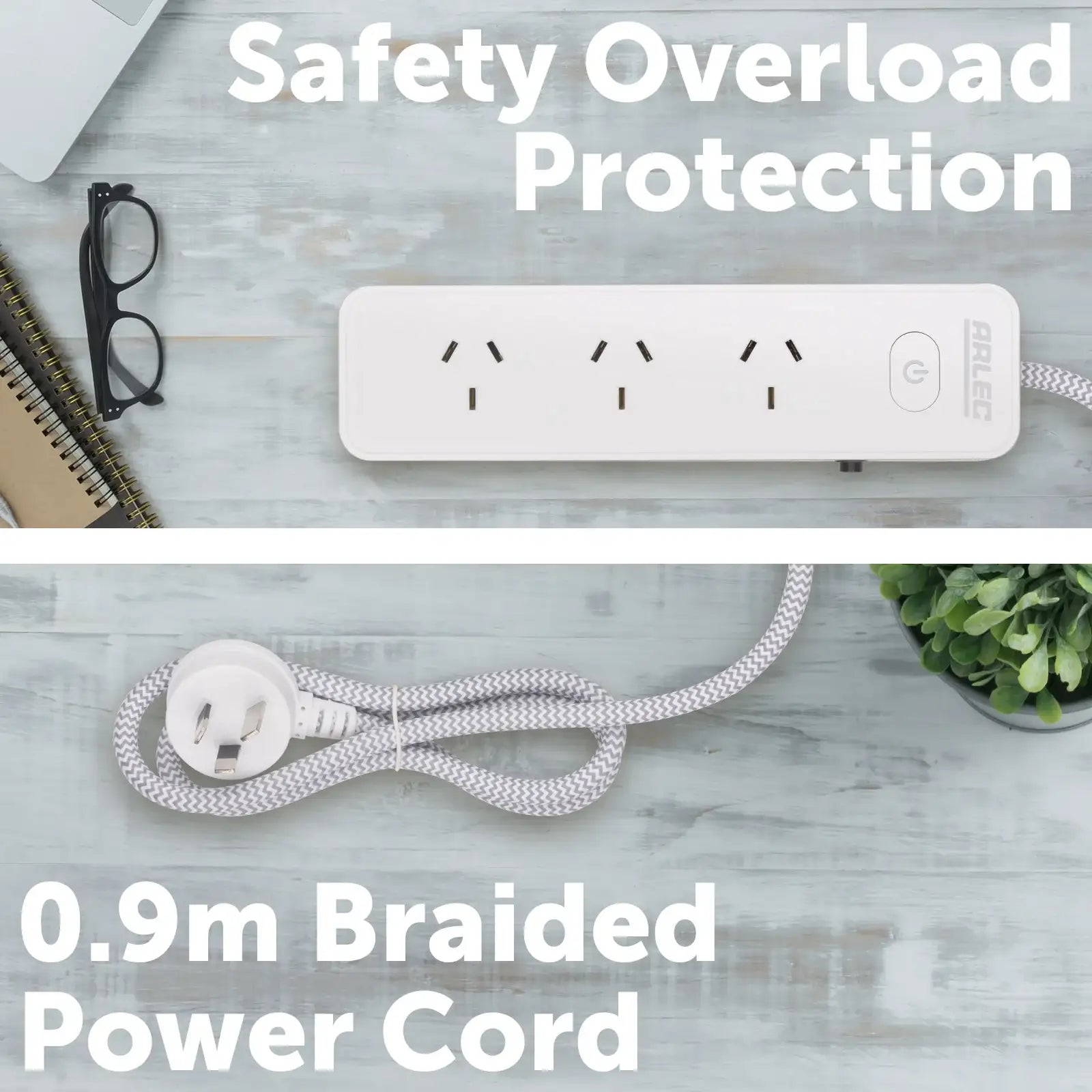4 outlet powerboard with braided power cord grey – stylish extension board with braided cord, 4 outlets