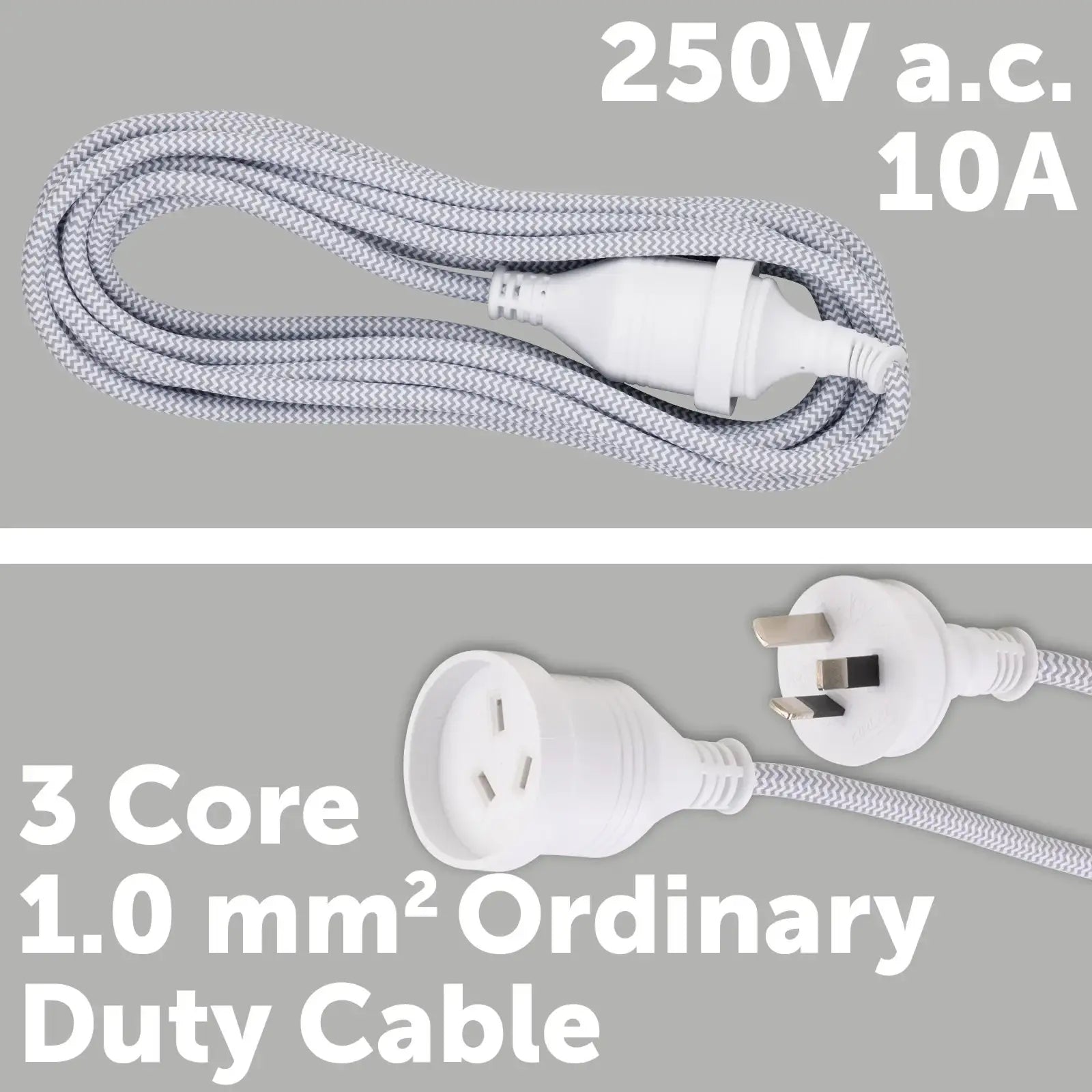 5m Braided Extension Lead Grey - grey braided cable, 5m indoor power lead, home extension cord