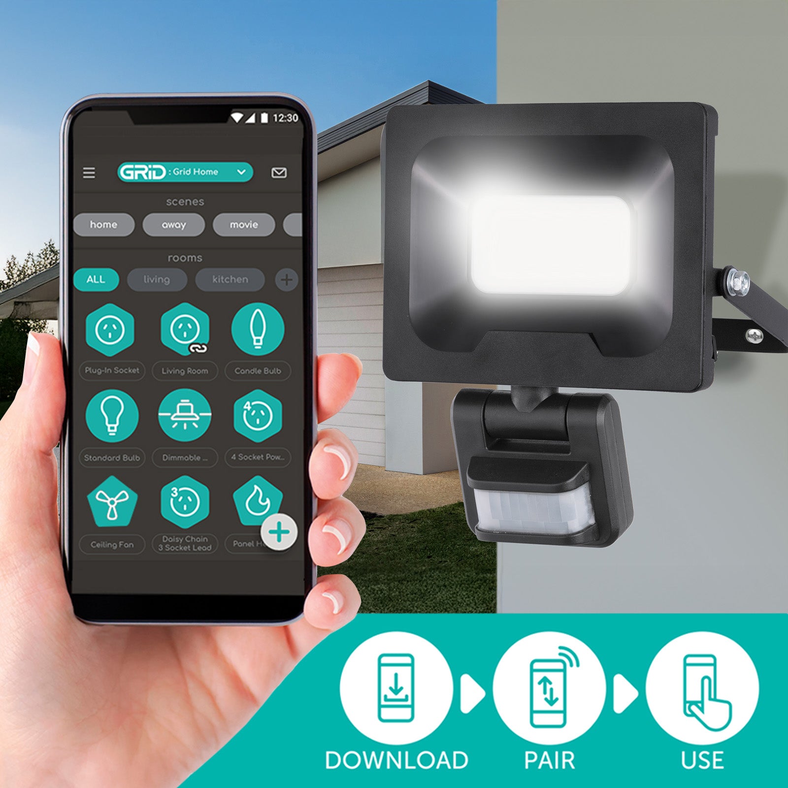 Smart sensor floodlight with CCT control, app dimming, timer & motion sensor via Grid Connect, Google & Alexa ready