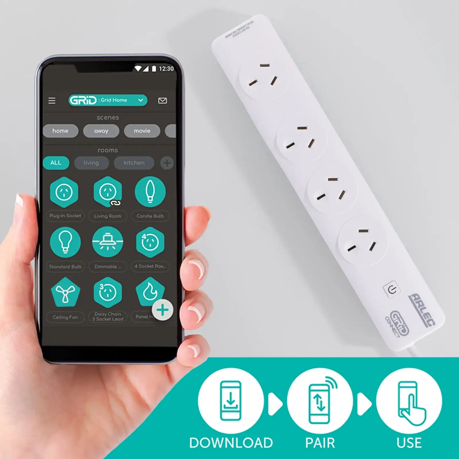 Smart 4 outlet powerboard with Wi-Fi control, Google Assistant, Alexa support, and safety features