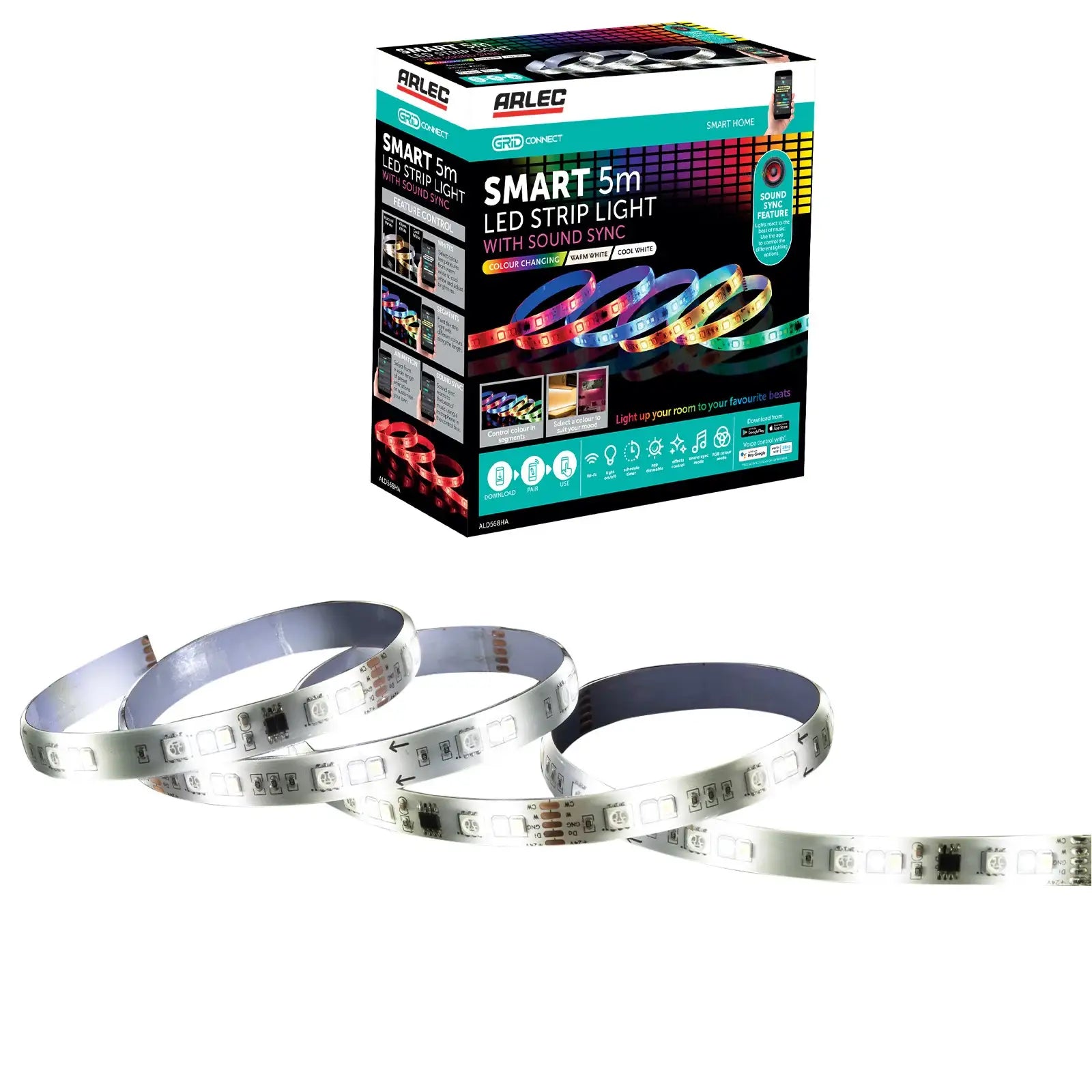 Smart RGB strip light with sound sync, Wi-Fi control, and segmented color effects for immersive lighting