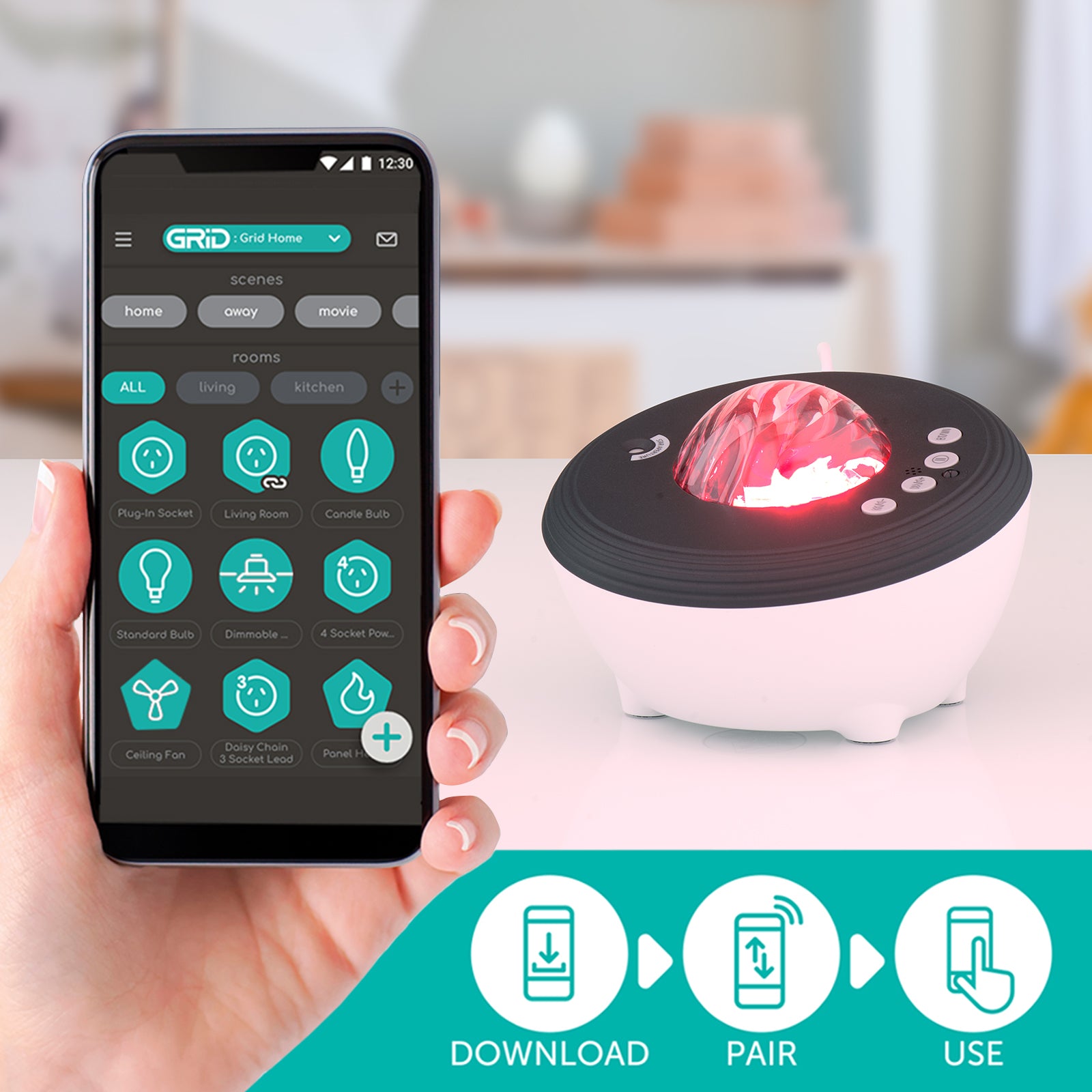 Smart aurora projector light with dynamic RGB lighting, white noise sounds, and mobile app control