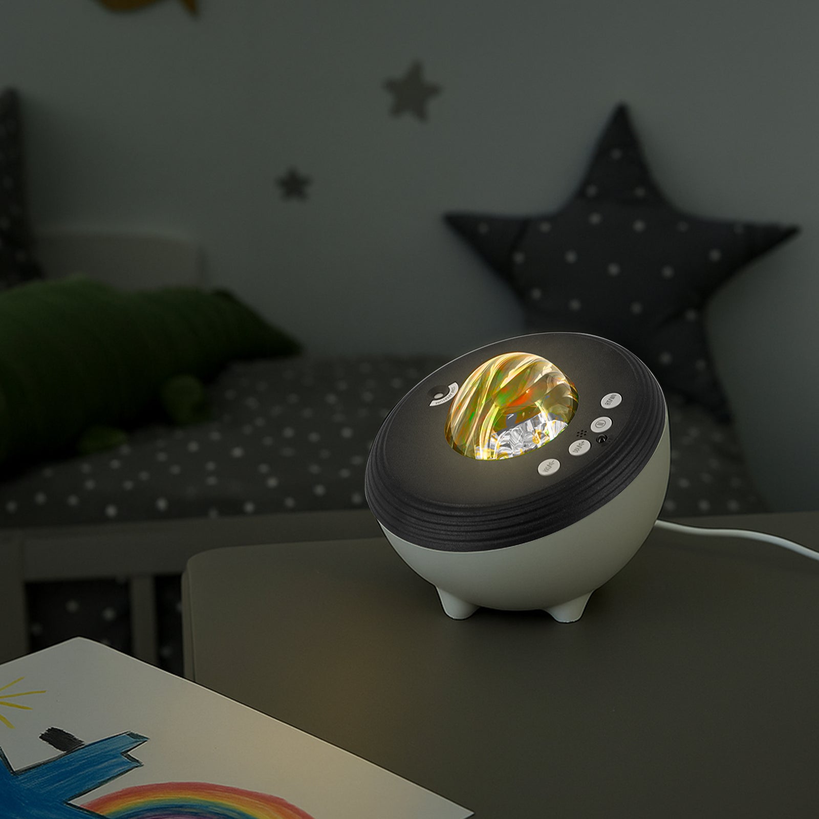 Smart aurora projector light with dynamic RGB lighting, white noise sounds, and mobile app control