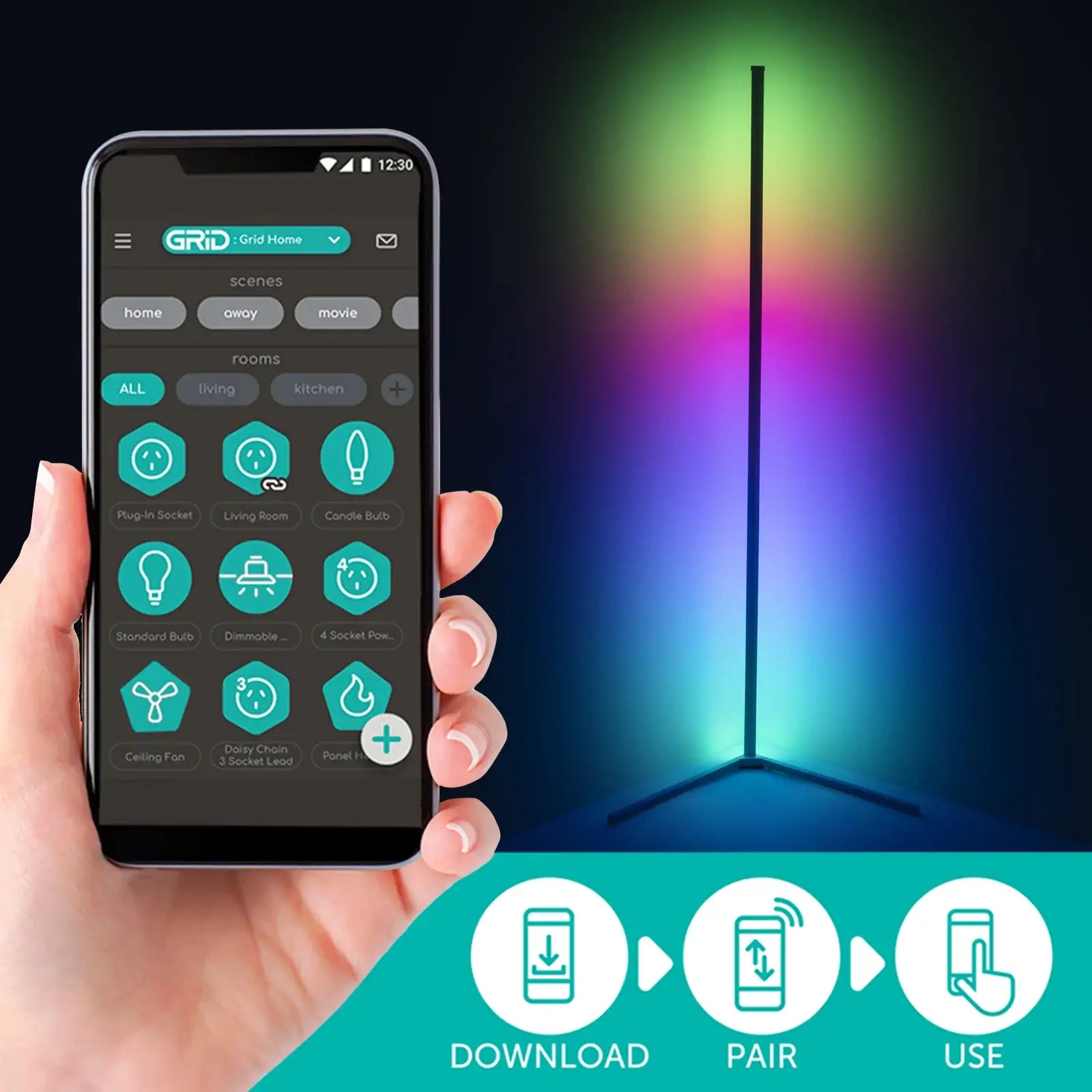 RGB corner light with sound sync, Wi-Fi, app control, multi-colour effects, compatible with Google and Alexa