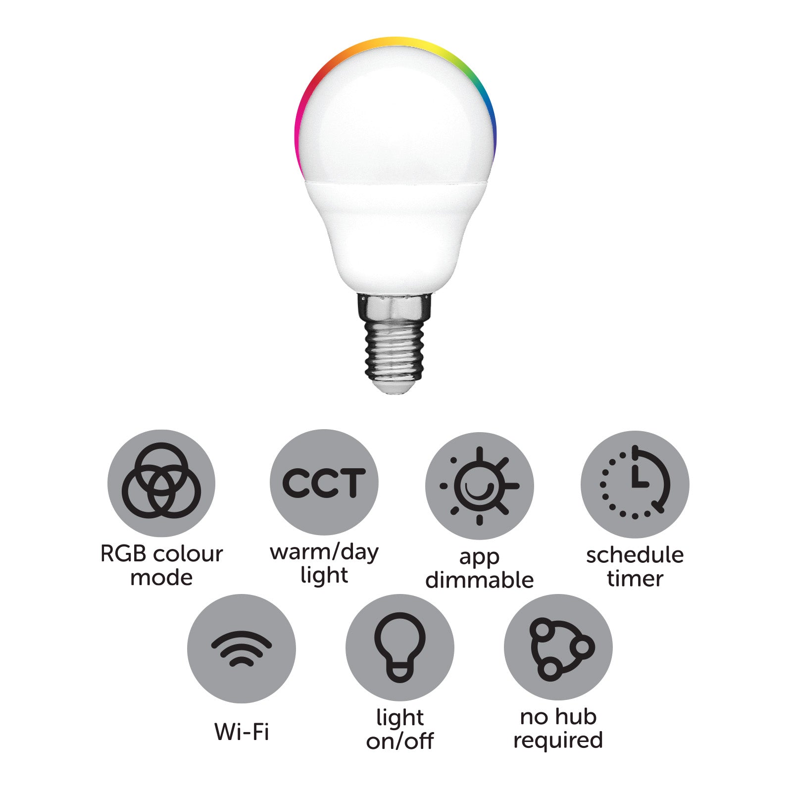 E14 smart fancy globe with RGB colour change, CCT, Wi-Fi control via Grid Connect, voice assistant support