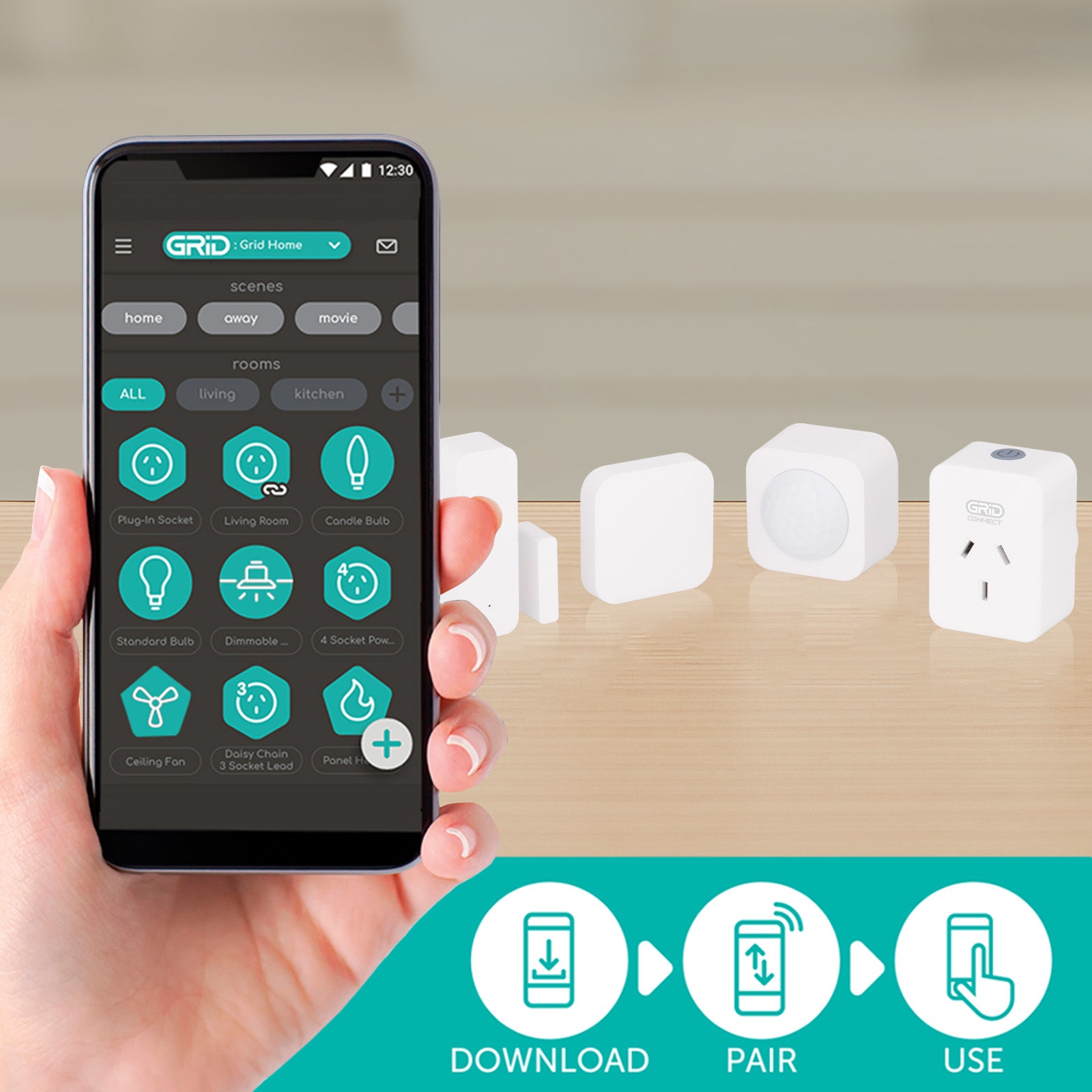 Smart home control kit with sensors, Wi-Fi automation, Grid Connect app, compatible with Alexa and Google