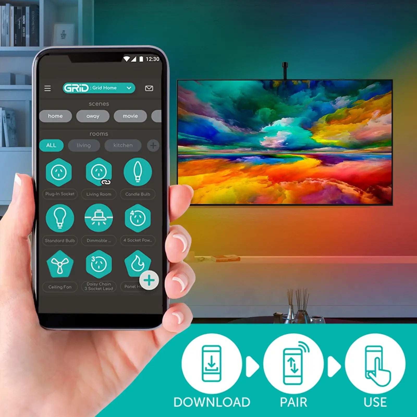 Screen sync LED strip light with camera sensor, multi-color effects, music modes, and app control